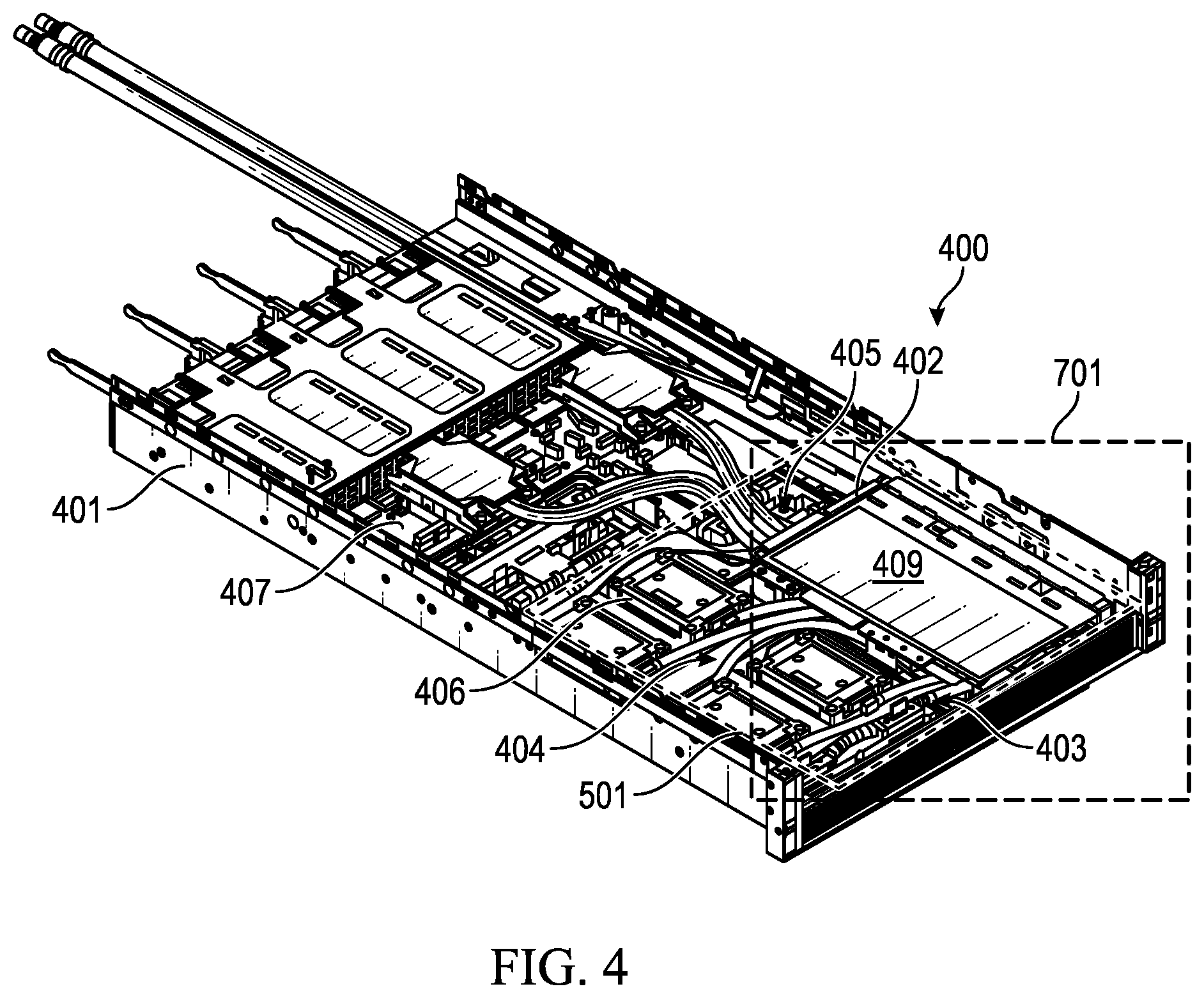 Patent US12453045 Figure 5 – Liquid line routing apparatus for information technology equipment