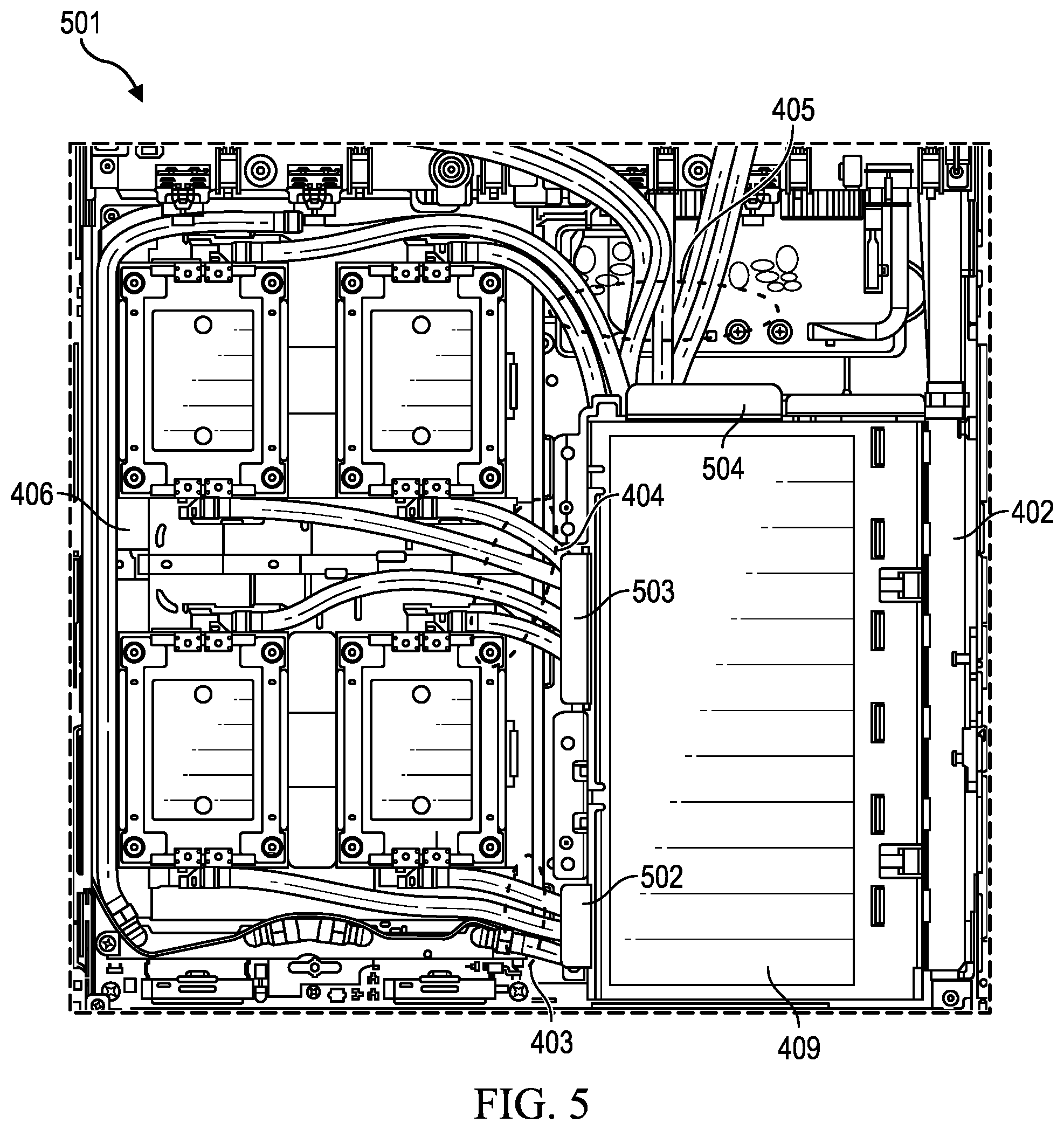 Patent US12453045 Figure 6 – Liquid line routing apparatus for information technology equipment