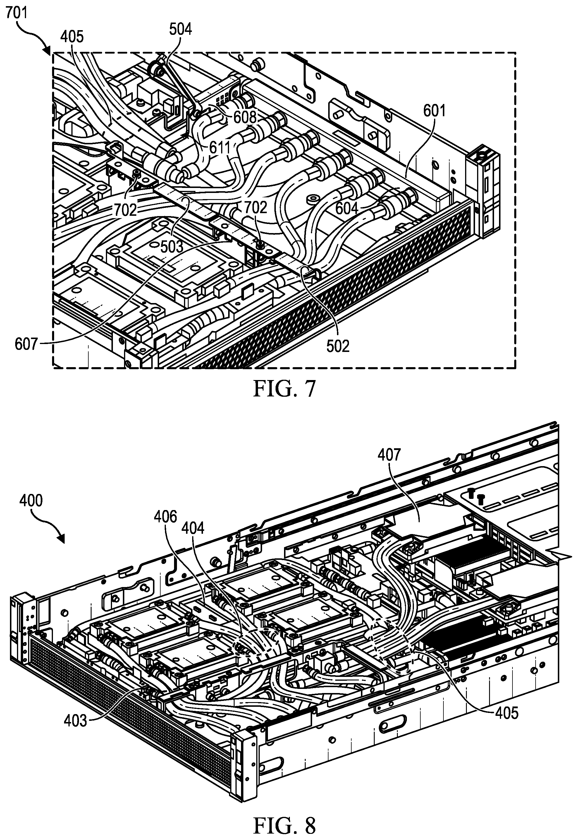 Patent US12453045 Figure 8 – Liquid line routing apparatus for information technology equipment