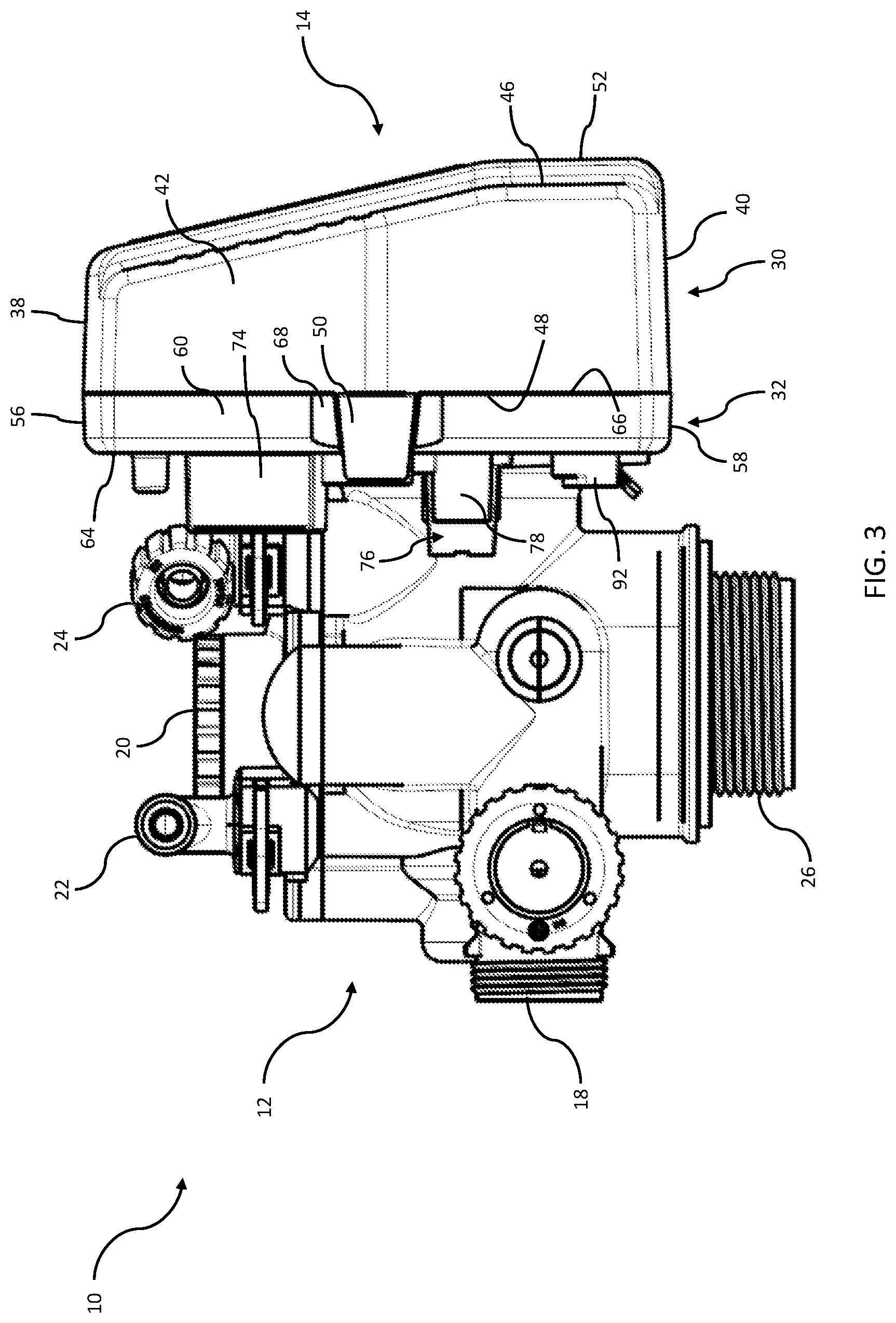 Patent US12455015 Figure 3 – Water treatment controller housing with backplate mount