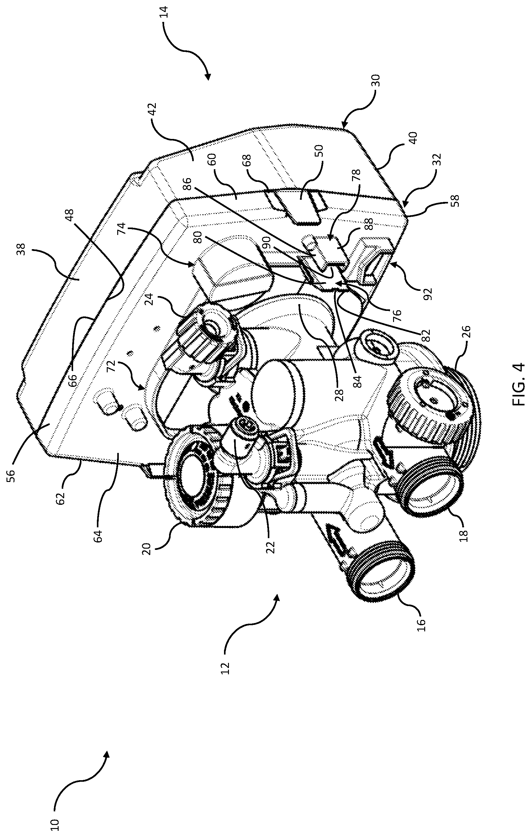 Patent US12455015 Figure 4 – Water treatment controller housing with backplate mount