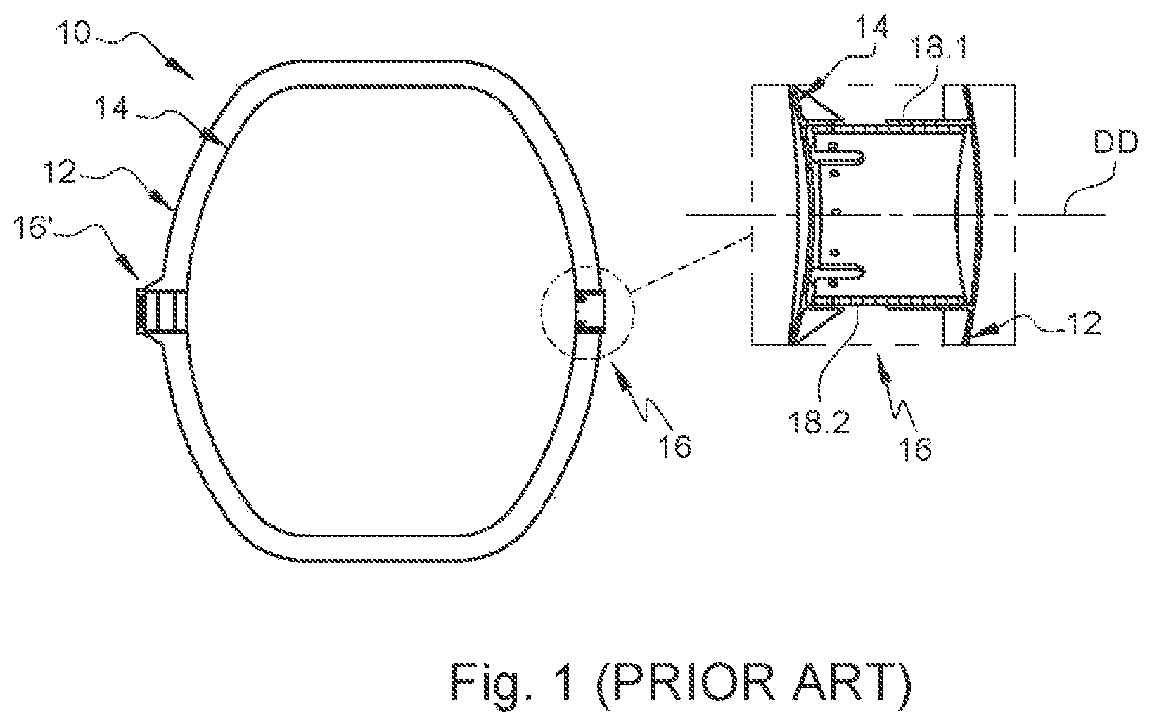 Patent US12455045 Figure 1 – Tank comprising inner and outer enclosures and at least one annular linear connection system connecting said enclosures