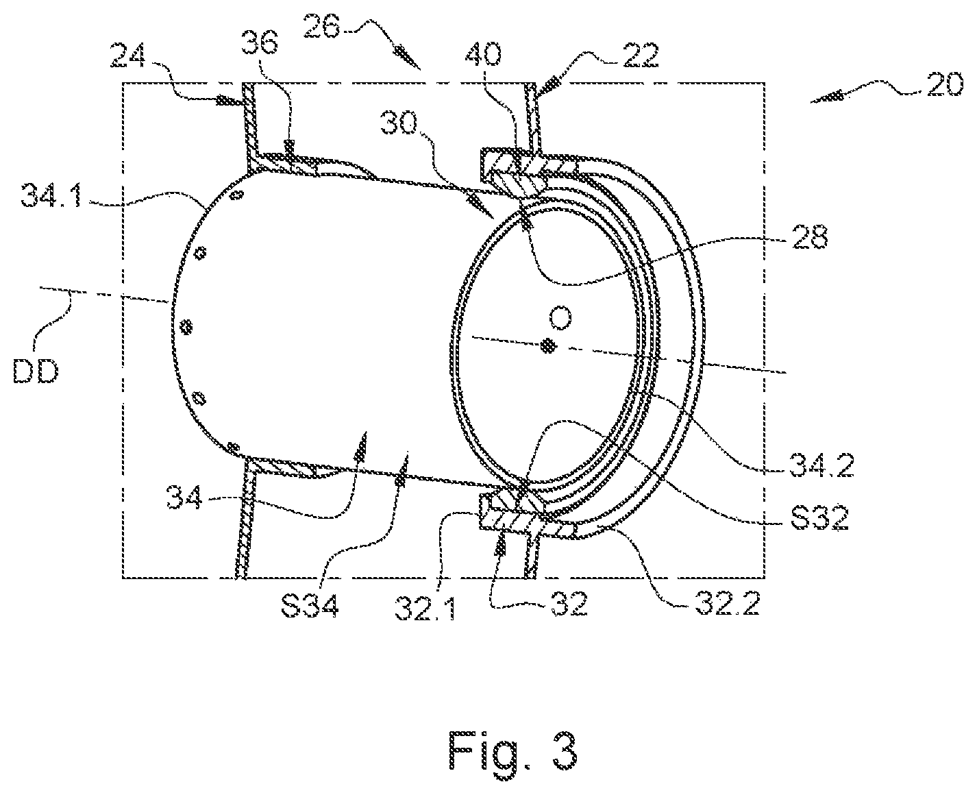 Patent US12455045 Figure 3 – Tank comprising inner and outer enclosures and at least one annular linear connection system connecting said enclosures