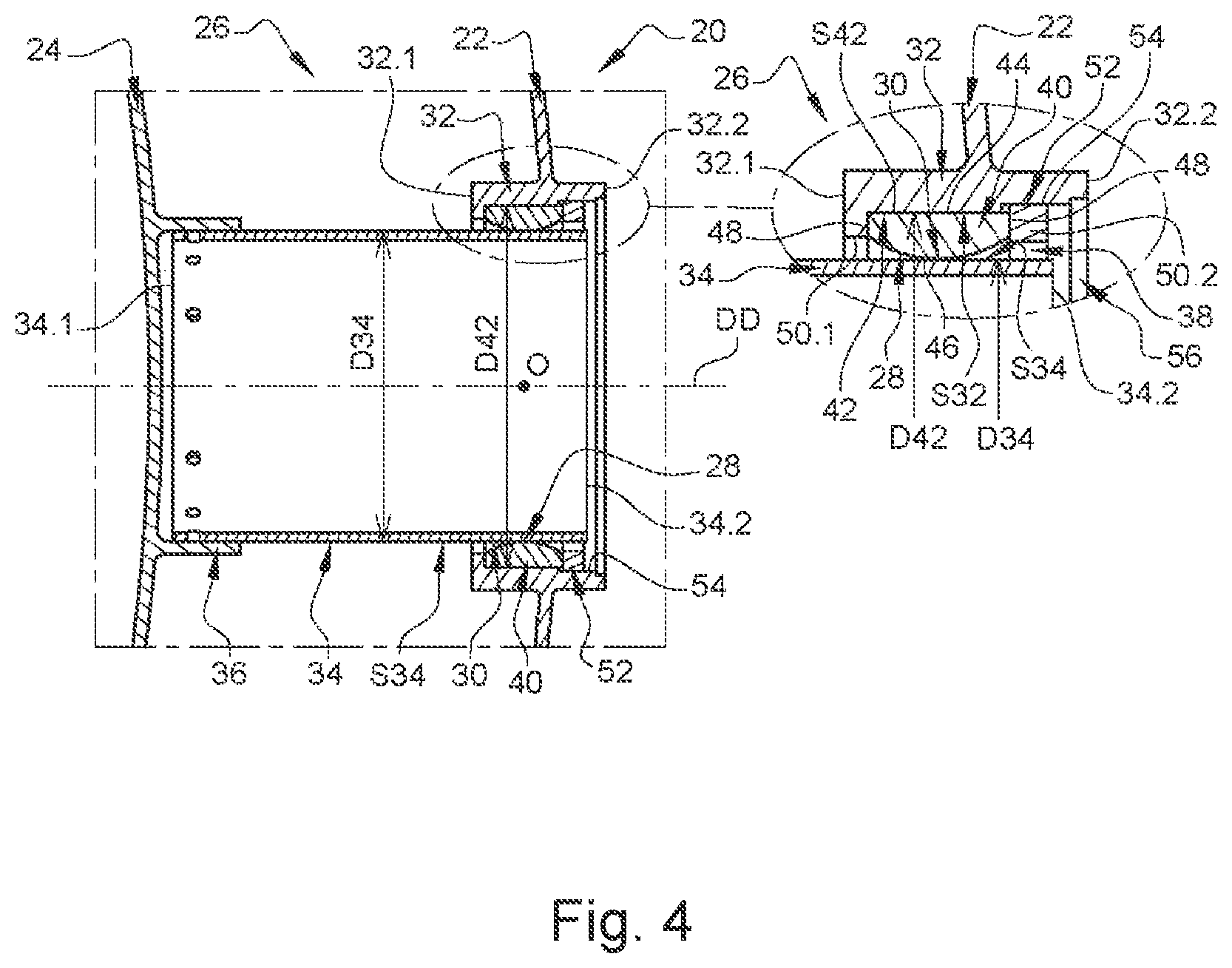 Patent US12455045 Figure 4 – Tank comprising inner and outer enclosures and at least one annular linear connection system connecting said enclosures