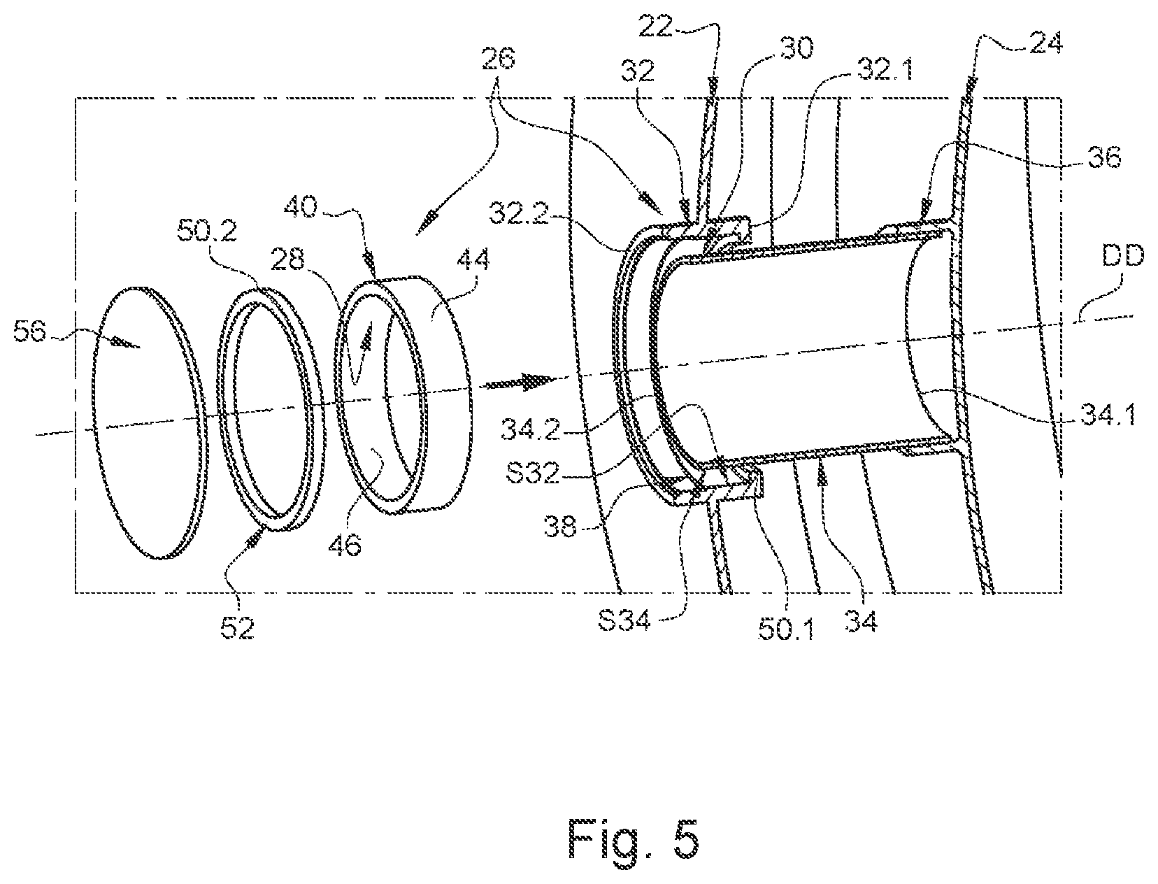 Patent US12455045 Figure 5 – Tank comprising inner and outer enclosures and at least one annular linear connection system connecting said enclosures