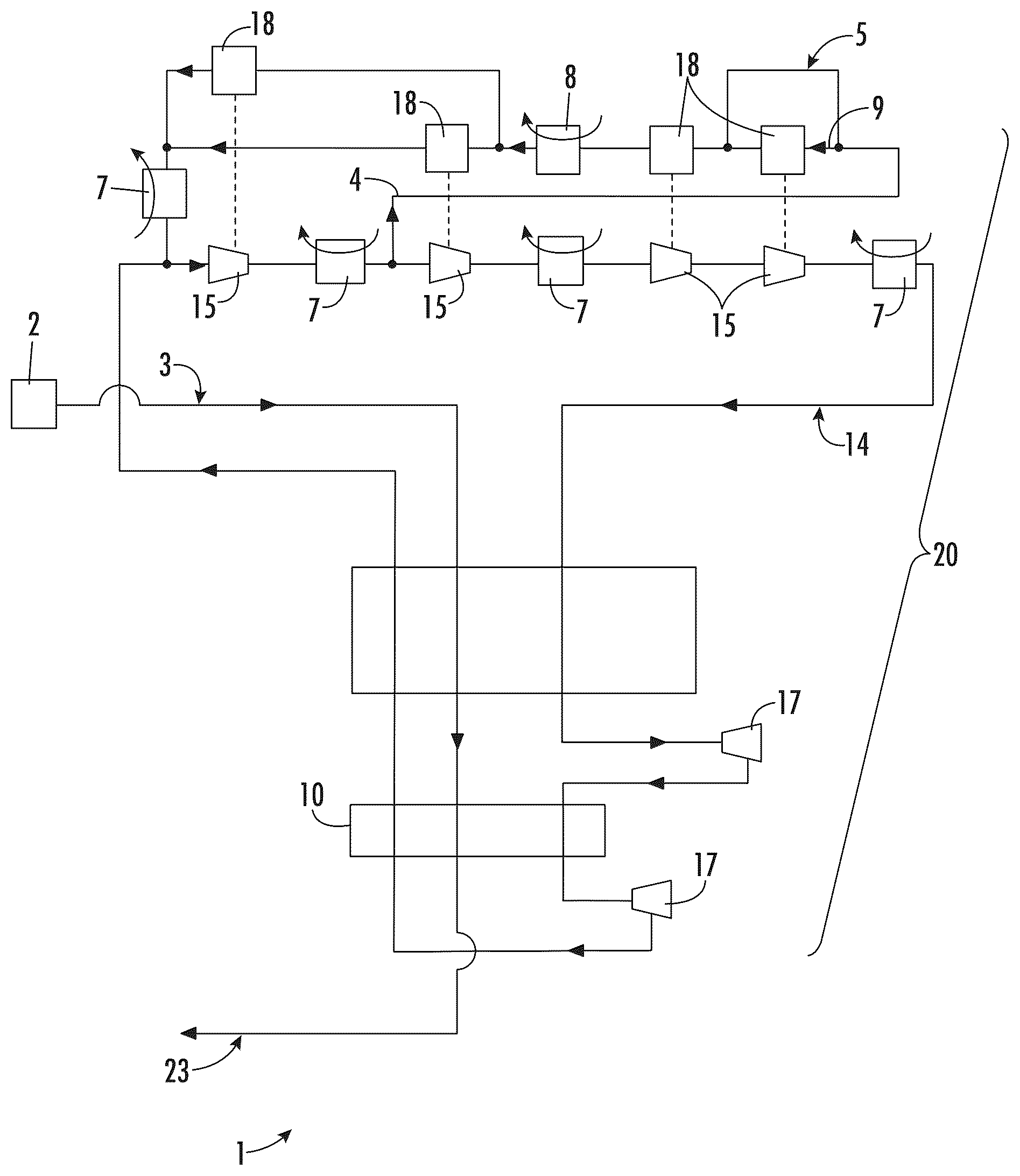 Patent US12455113 Figure 1 – Device and method for refrigerating or liquefying a fluid