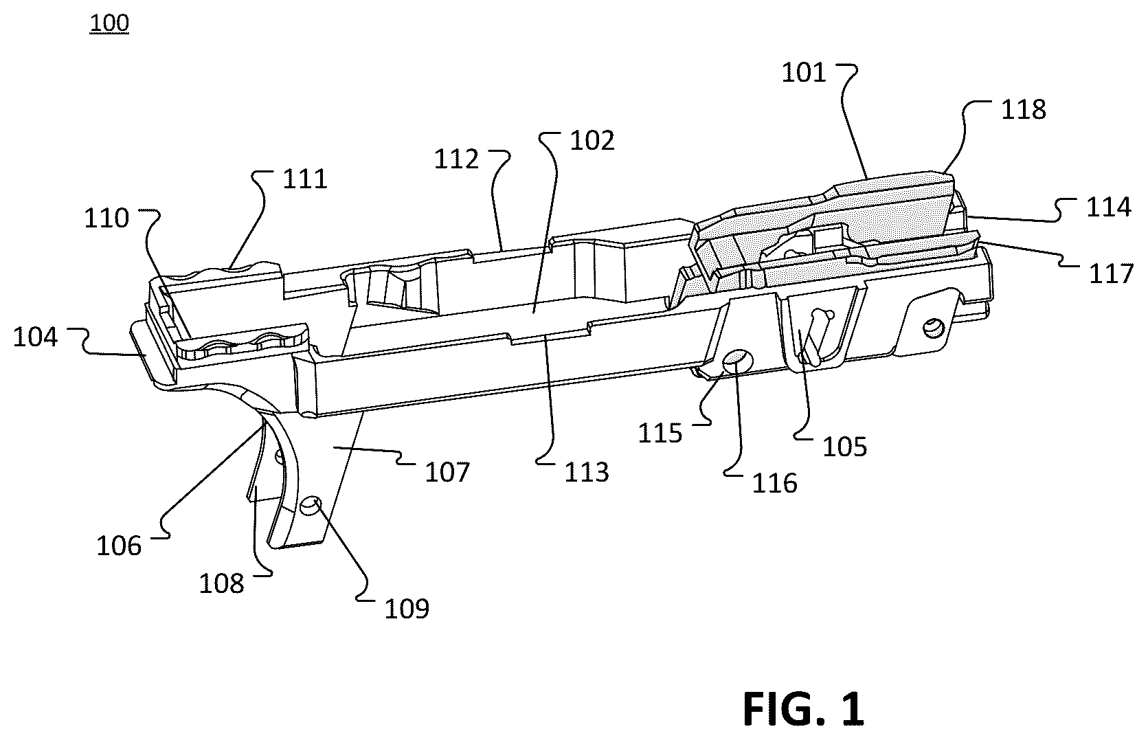 Patent US12455126 Figure 1 – Modular frame and chassis system for a firearm