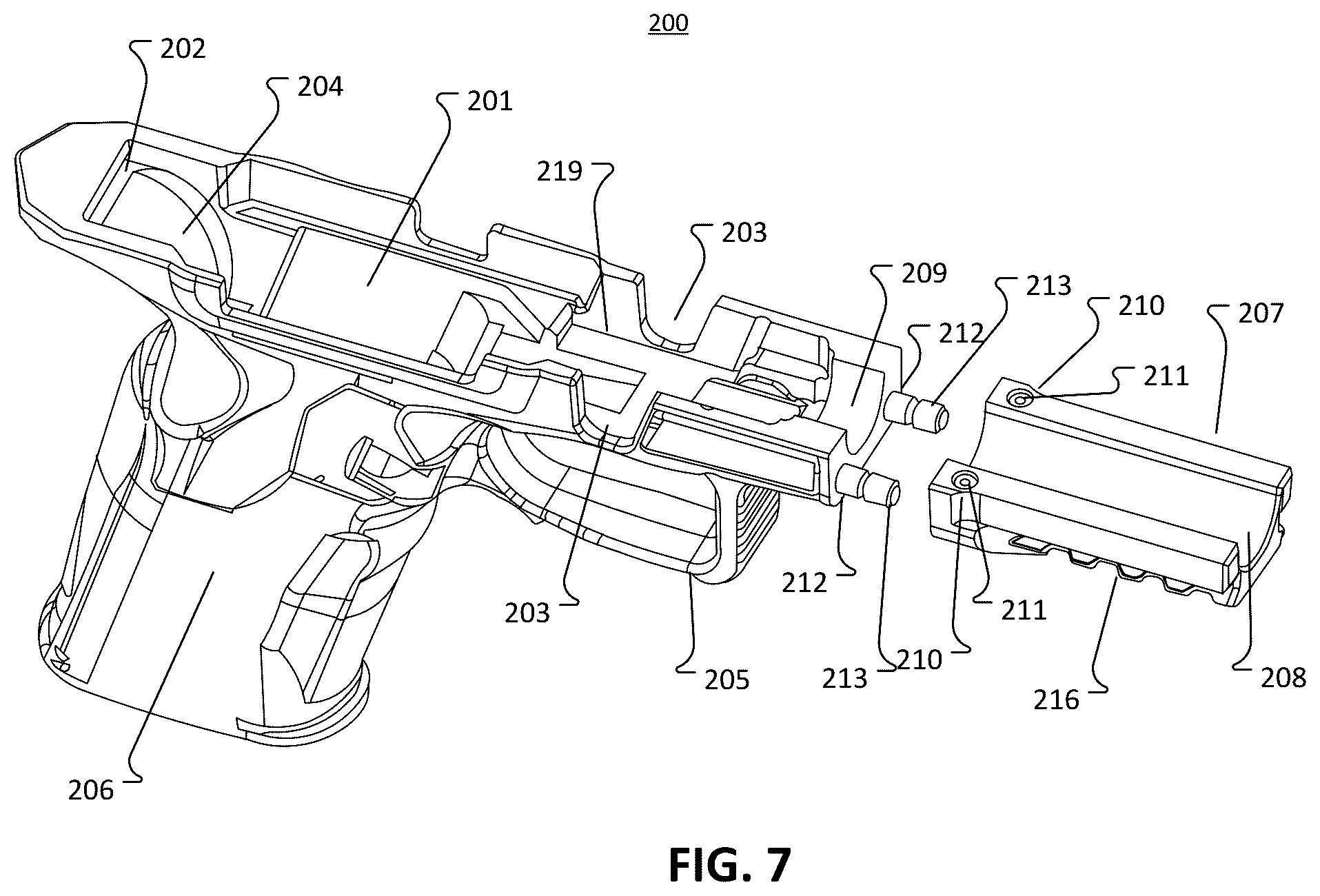 Patent US12455126 Figure 7 – Modular frame and chassis system for a firearm