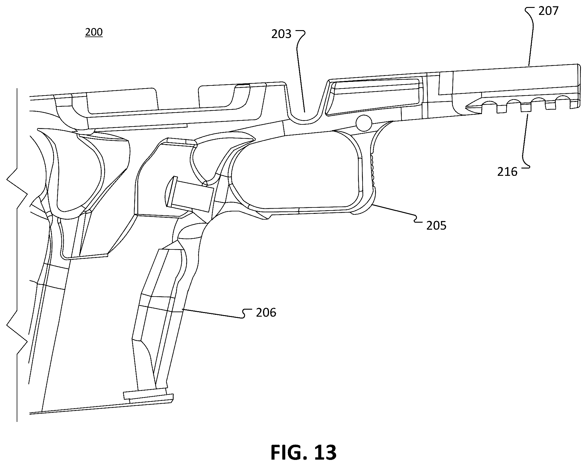 Patent US12455126 Figure 13 – Modular frame and chassis system for a firearm