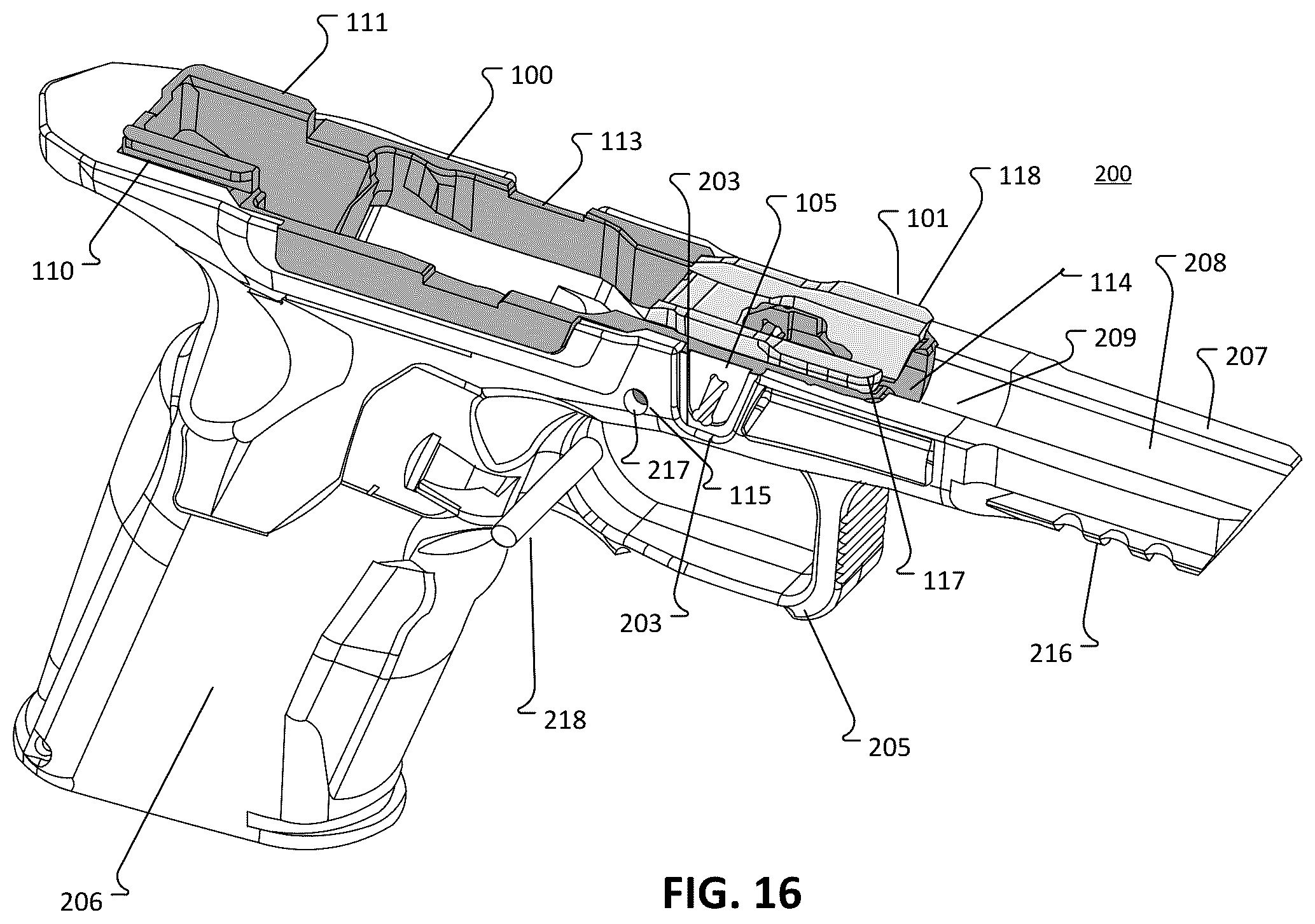 Patent US12455126 Figure 16 – Modular frame and chassis system for a firearm