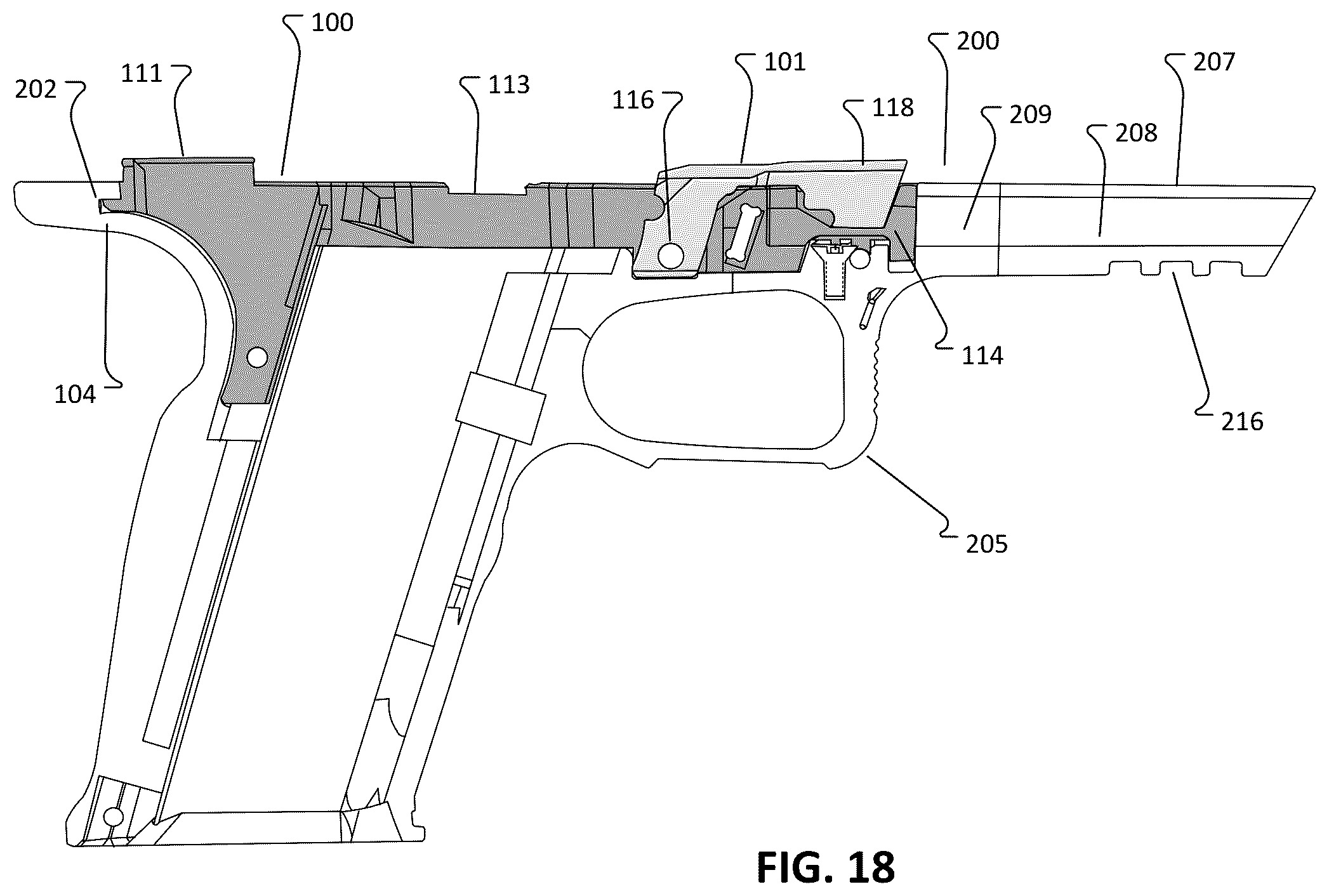 Patent US12455126 Figure 18 – Modular frame and chassis system for a firearm