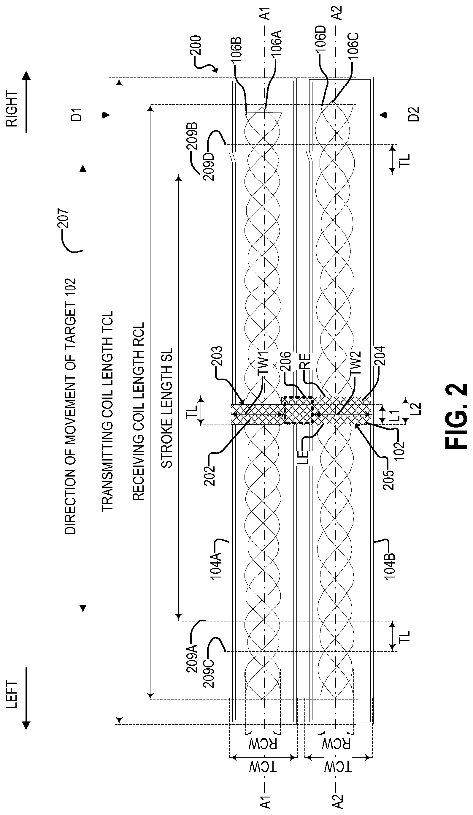 Patent US12455178 Figure 3 – Inductive linear stroke sensor using dual tracks with different periodicity