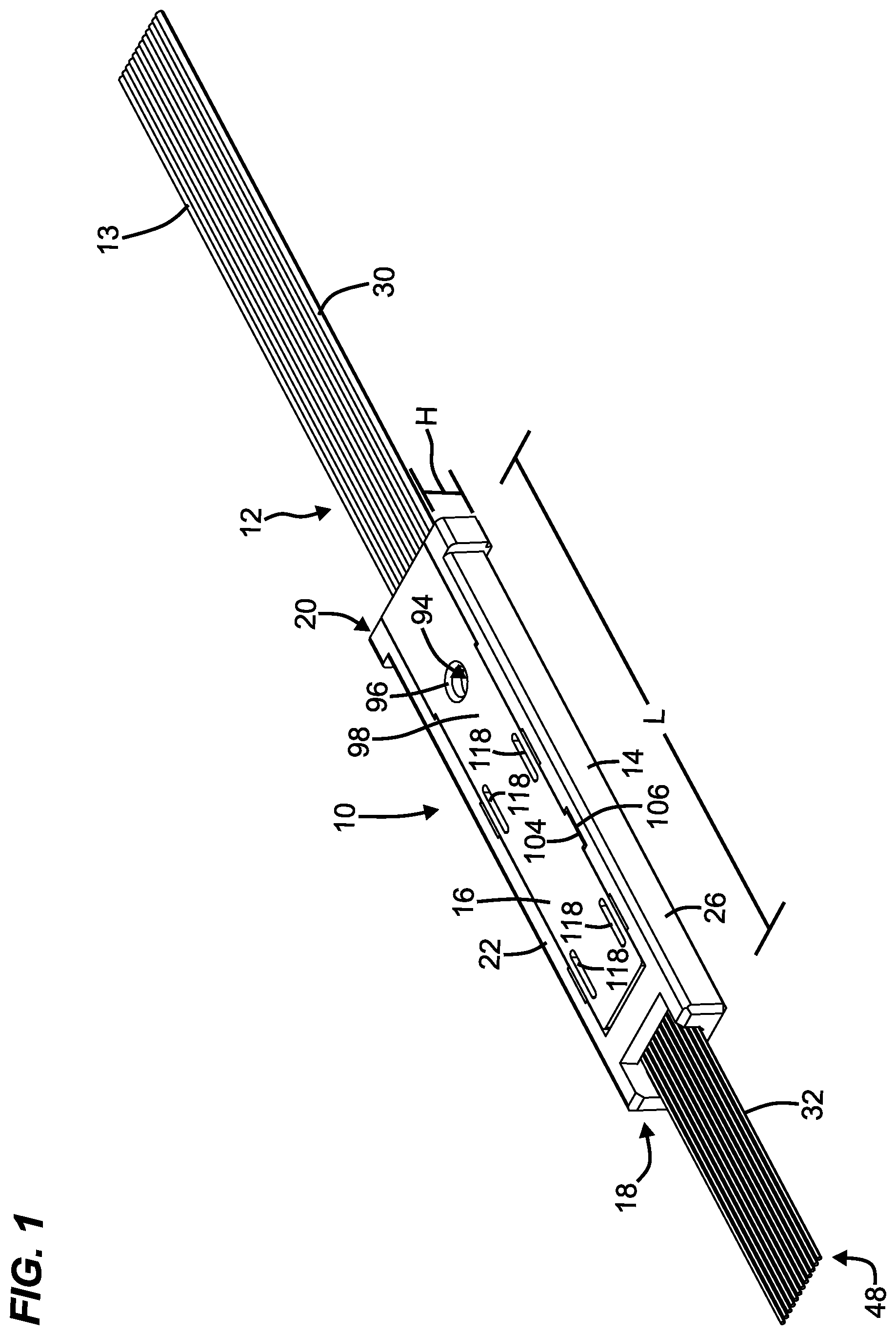 Patent US12455416 Figure 1 – Low profile fiber holders for use with bare fiber multi-fiber fiber optic connectors