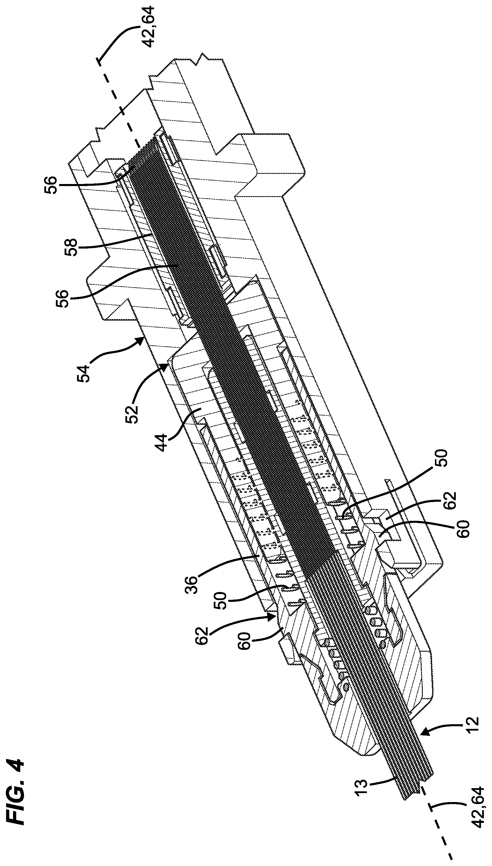 Patent US12455416 Figure 4 – Low profile fiber holders for use with bare fiber multi-fiber fiber optic connectors