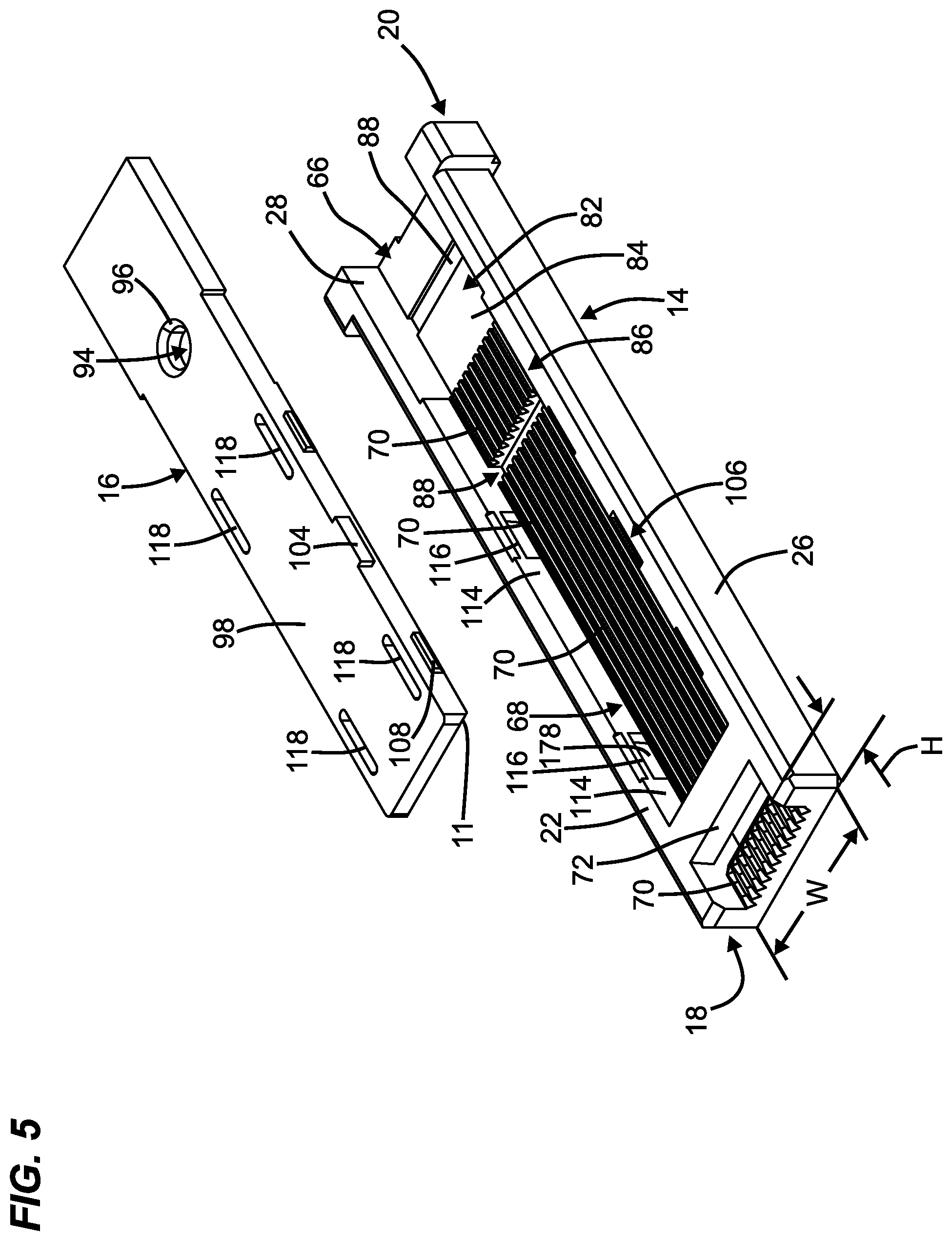Patent US12455416 Figure 5 – Low profile fiber holders for use with bare fiber multi-fiber fiber optic connectors