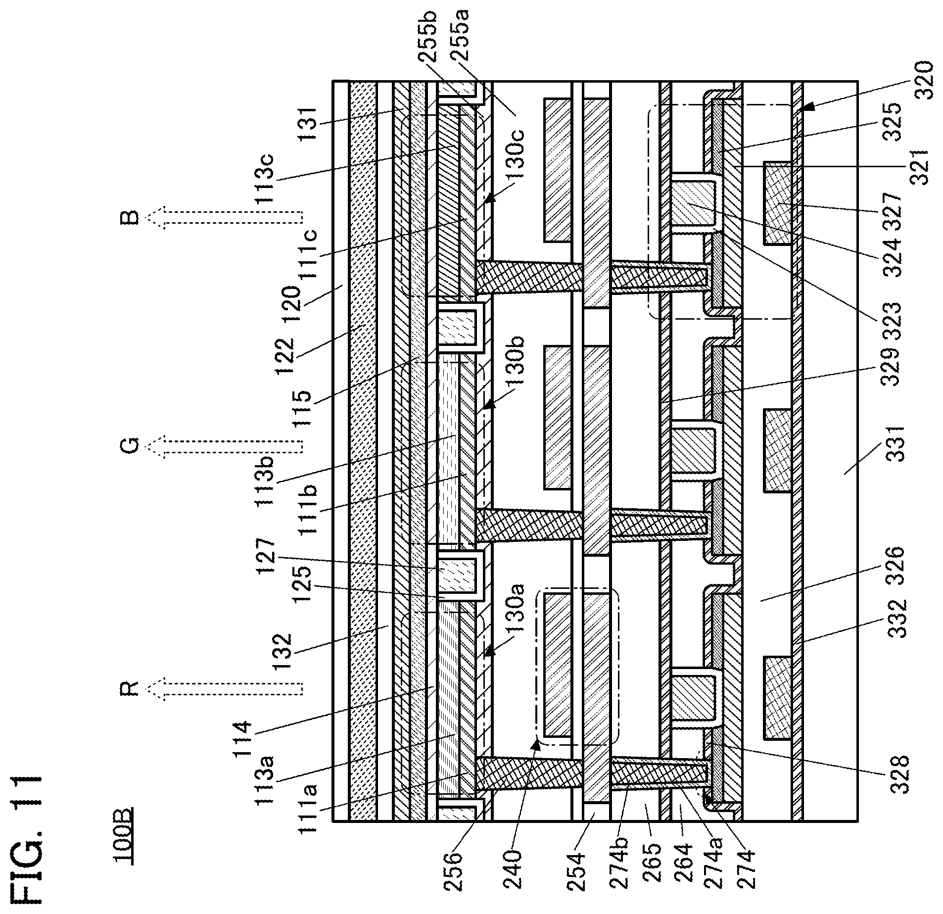 Patent US12455446 Figure 11 – Display device with light emitting device and light sensing device in one layer