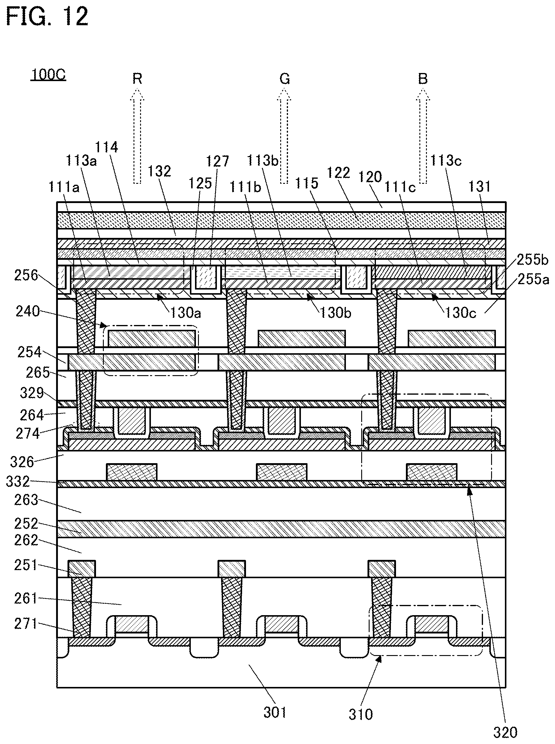 Patent US12455446 Figure 12 – Display device with light emitting device and light sensing device in one layer