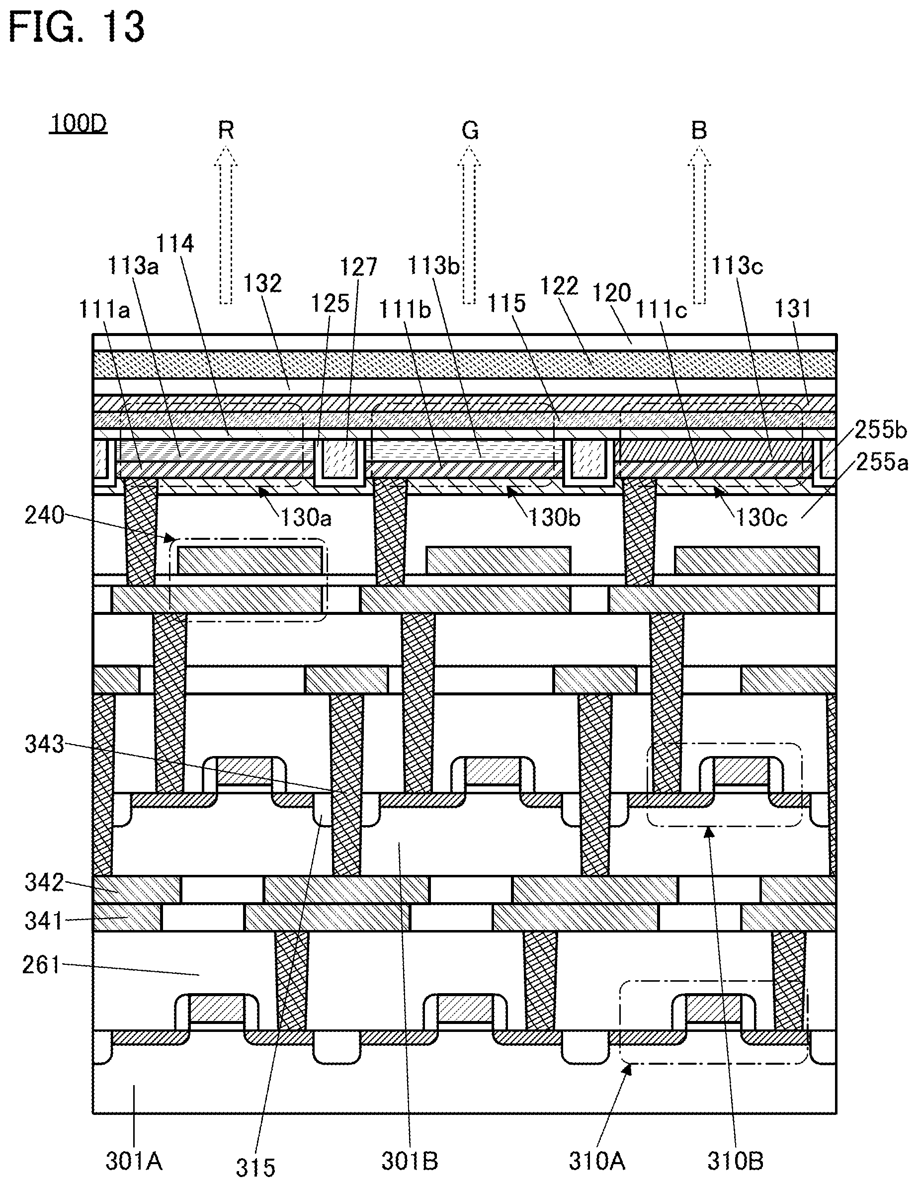Patent US12455446 Figure 13 – Display device with light emitting device and light sensing device in one layer