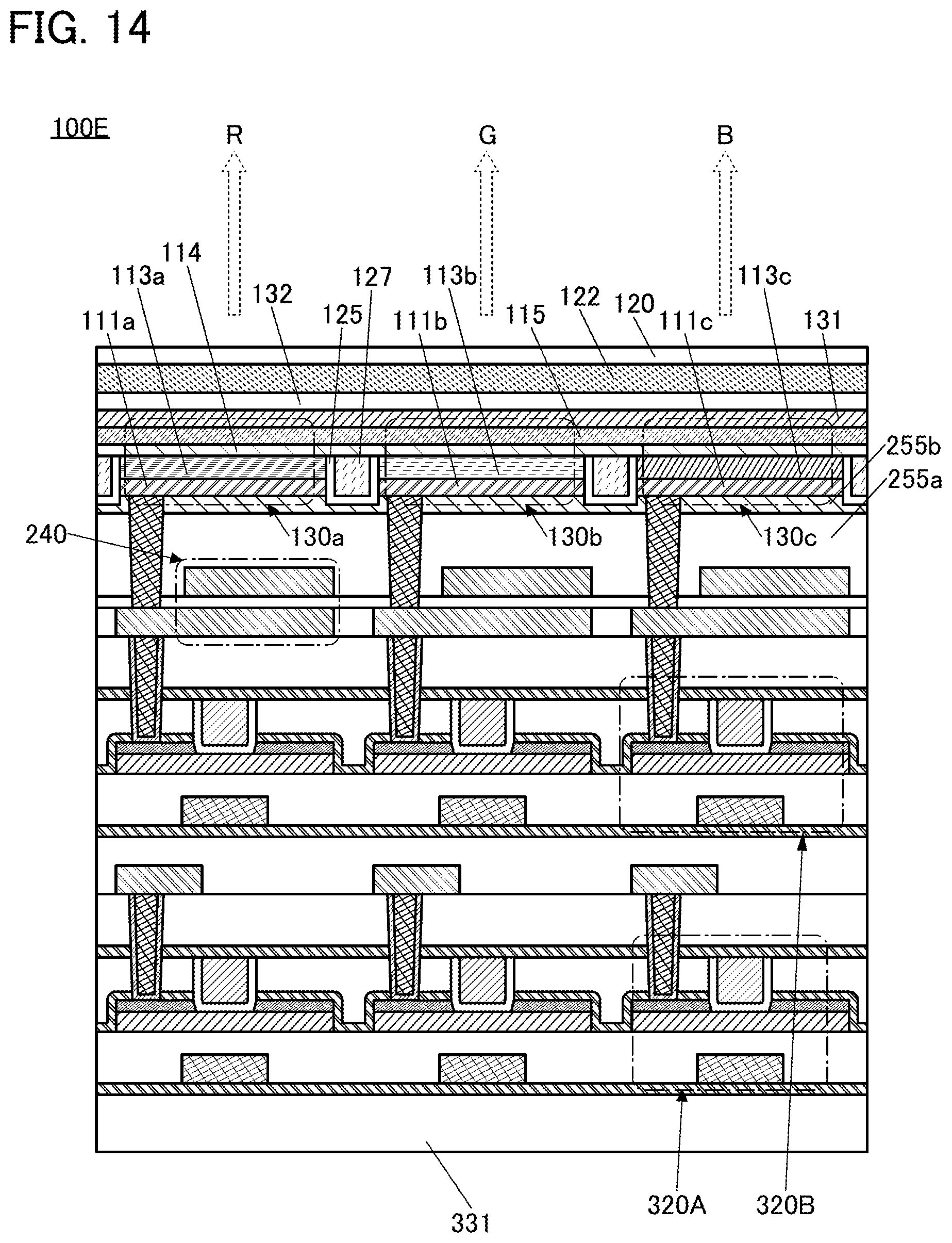 Patent US12455446 Figure 14 – Display device with light emitting device and light sensing device in one layer