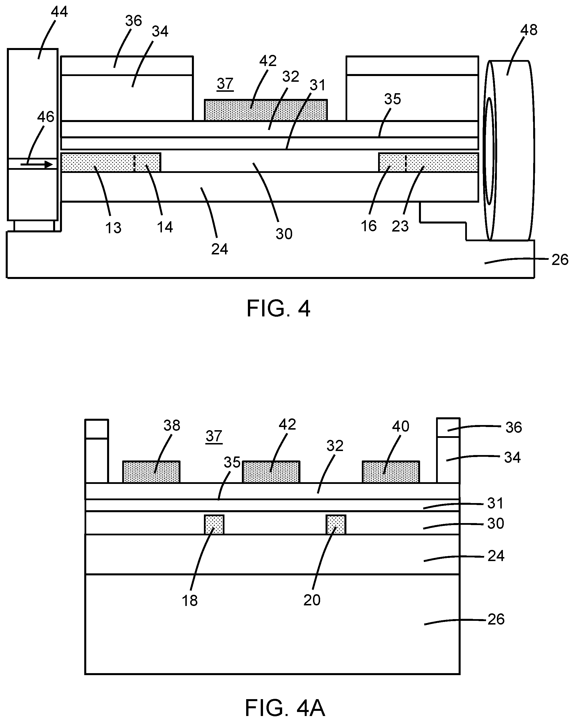 Patent US12455466 Figure 4 – Photonics chip structures including an edge coupler and a layer exhibiting an electric-field-induced Pockels effect