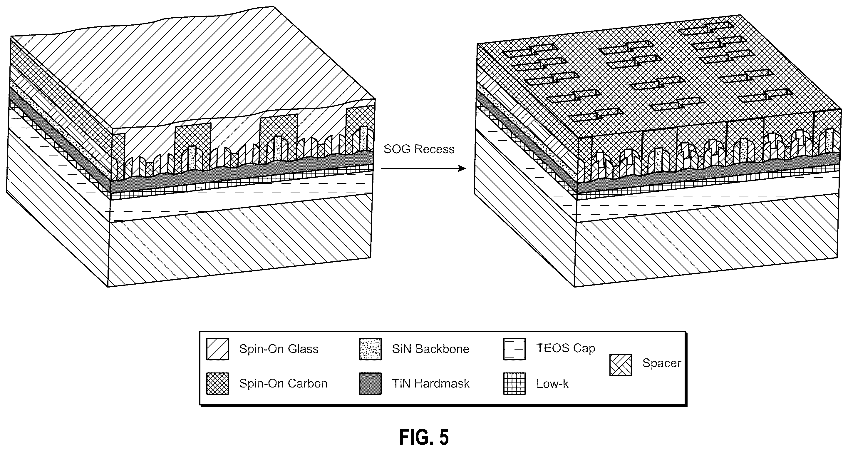 Patent US12455507 Figure 8 – Method for removing material overburden via enhanced freeze-less anti-spacer formation using a bilayer system