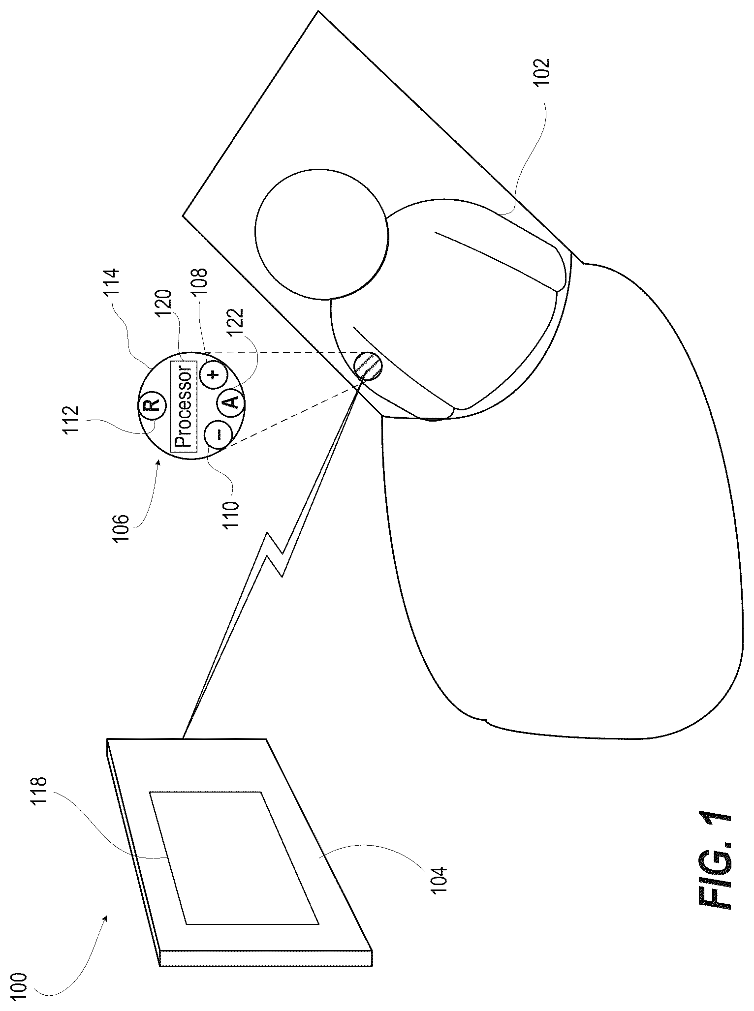 Patent US12455623 Figure 1 – Multiple switching electromyography (EMG) assistive communications device