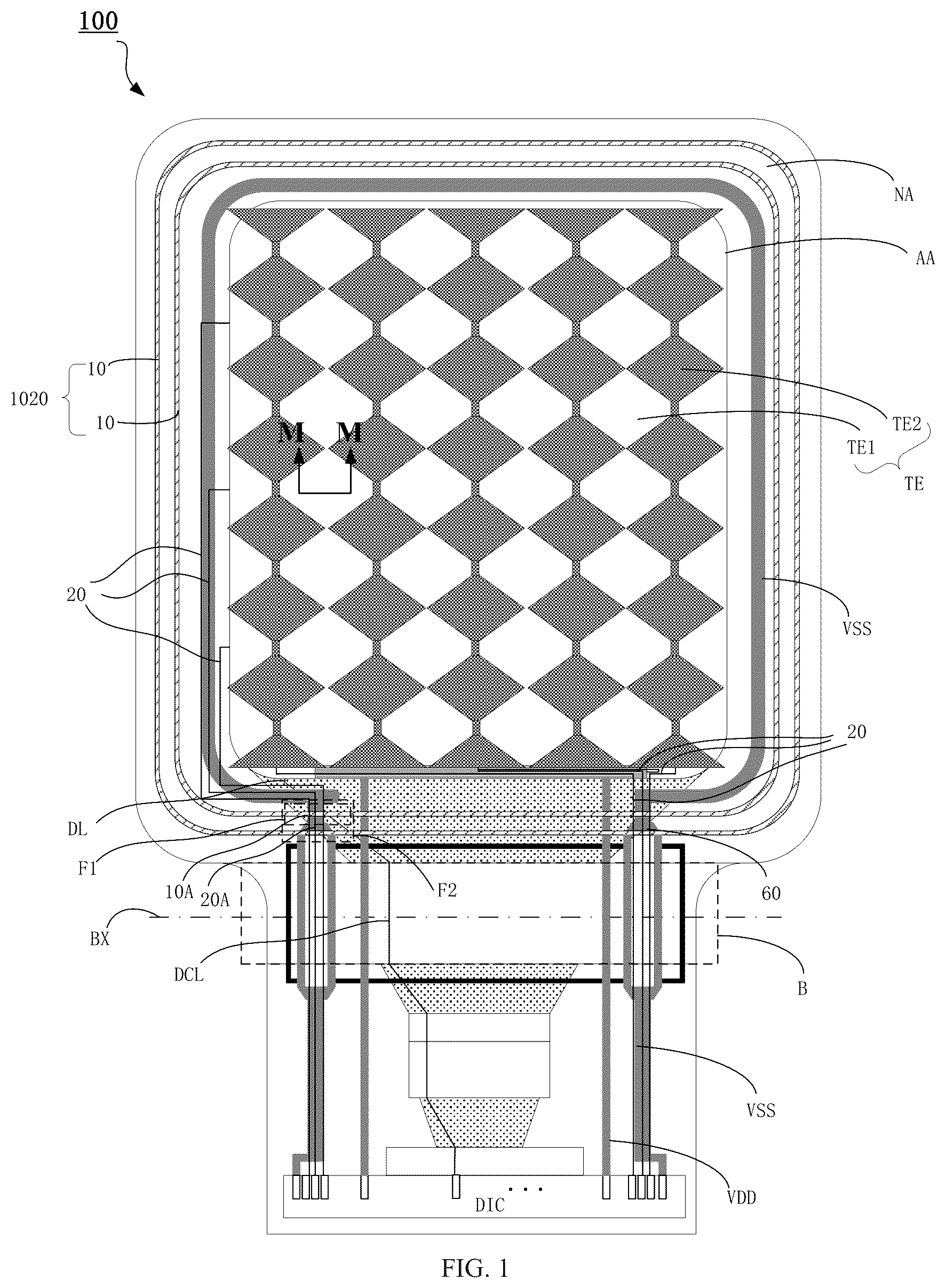 Patent US12455649 Figure 1 – Display panel and display apparatus having various heights of dam structures and various width of touch wires