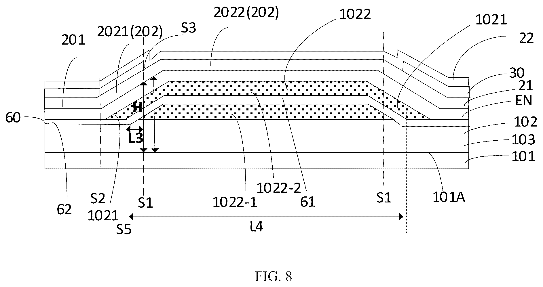 Patent US12455649 Figure 5 – Display panel and display apparatus having various heights of dam structures and various width of touch wires