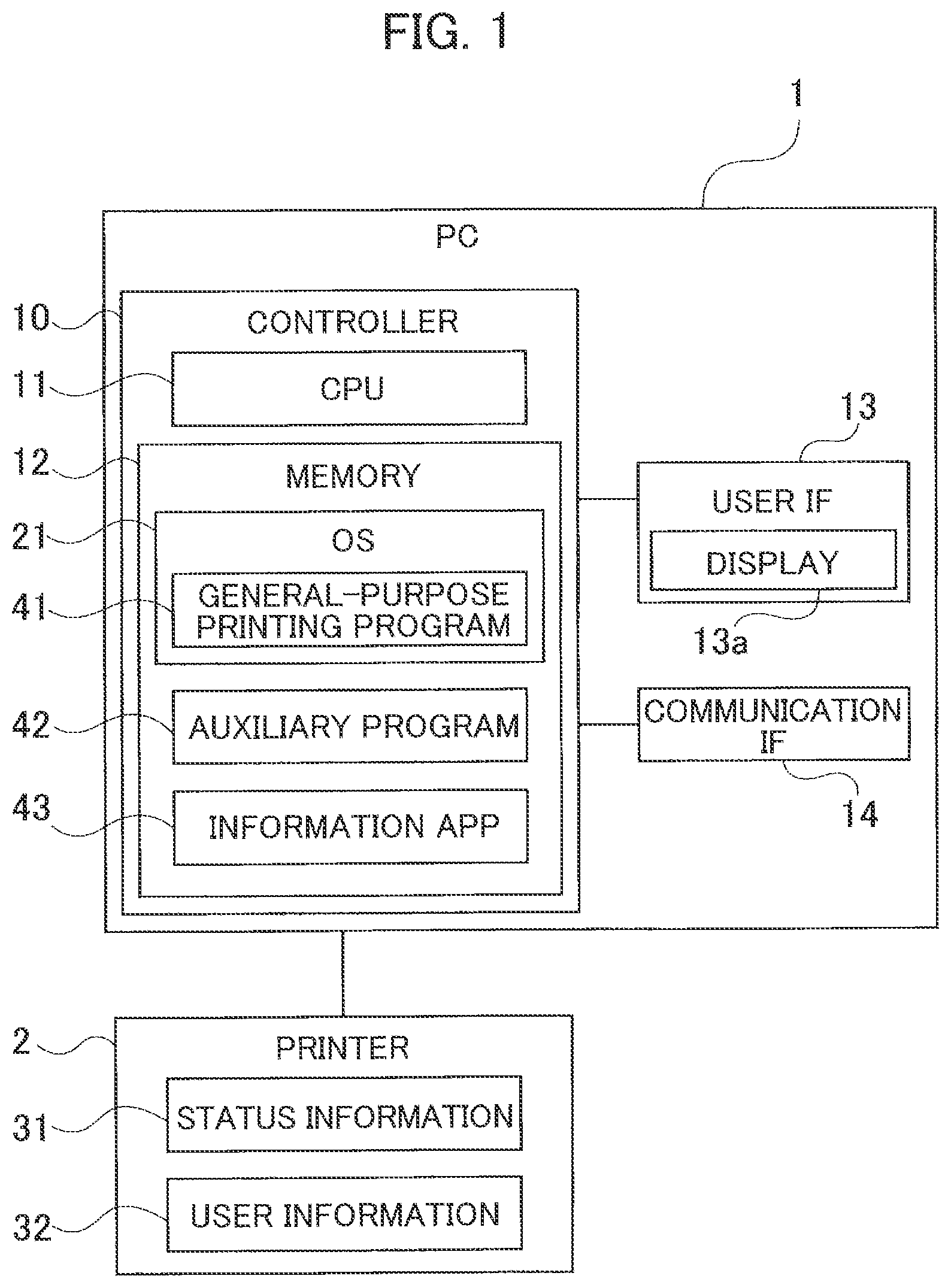 Patent US12455706 Figure 1 – Information processing device having OS-standard general-purpose printing program installed thereon that enables the device to notify user of connection error with printer