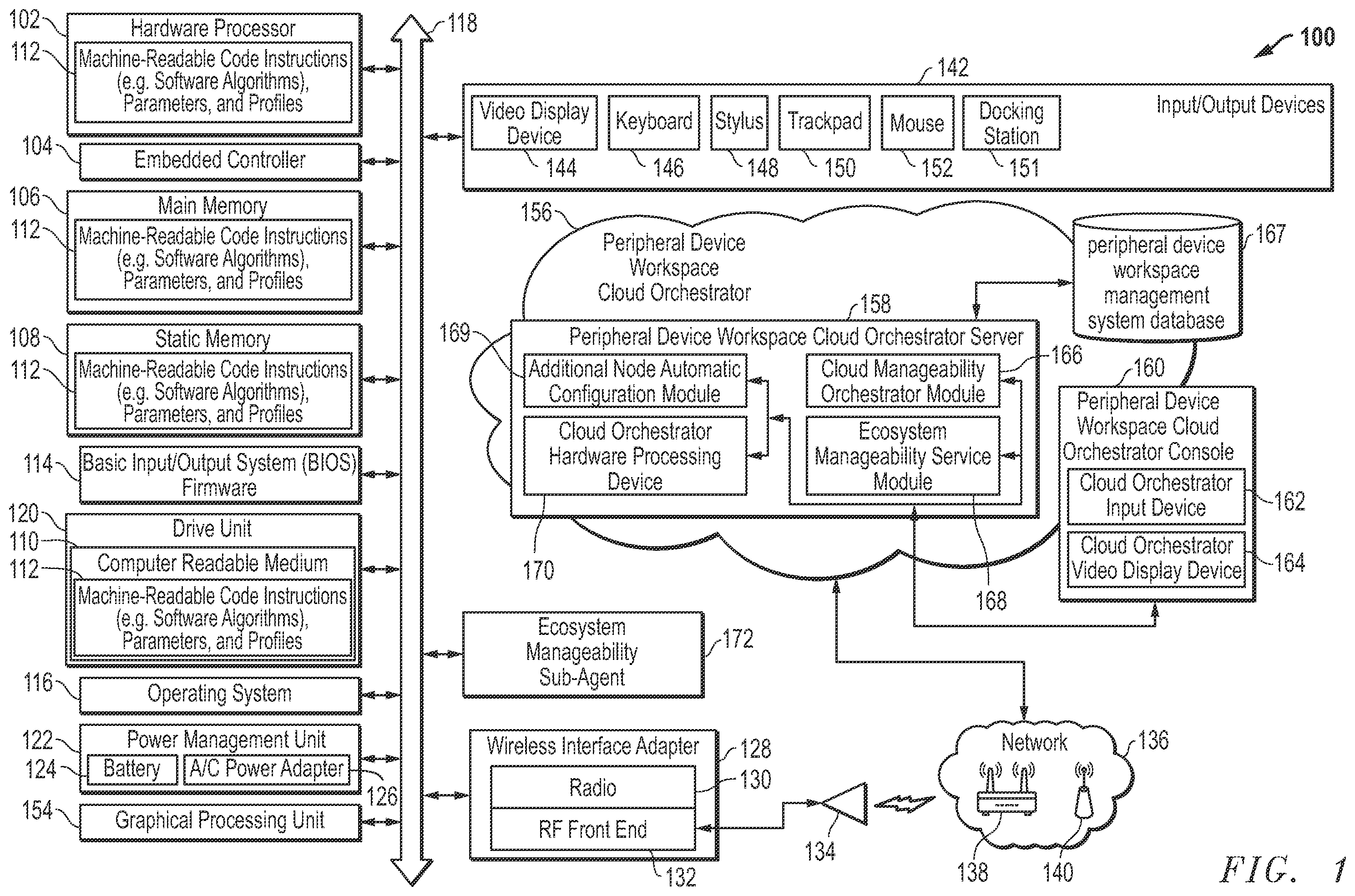 Patent US12455838 — System and method for determining peripheral device configurations across a plurality of workspaces for seamless user peripheral device workspace ecosystem experience — Figure 1