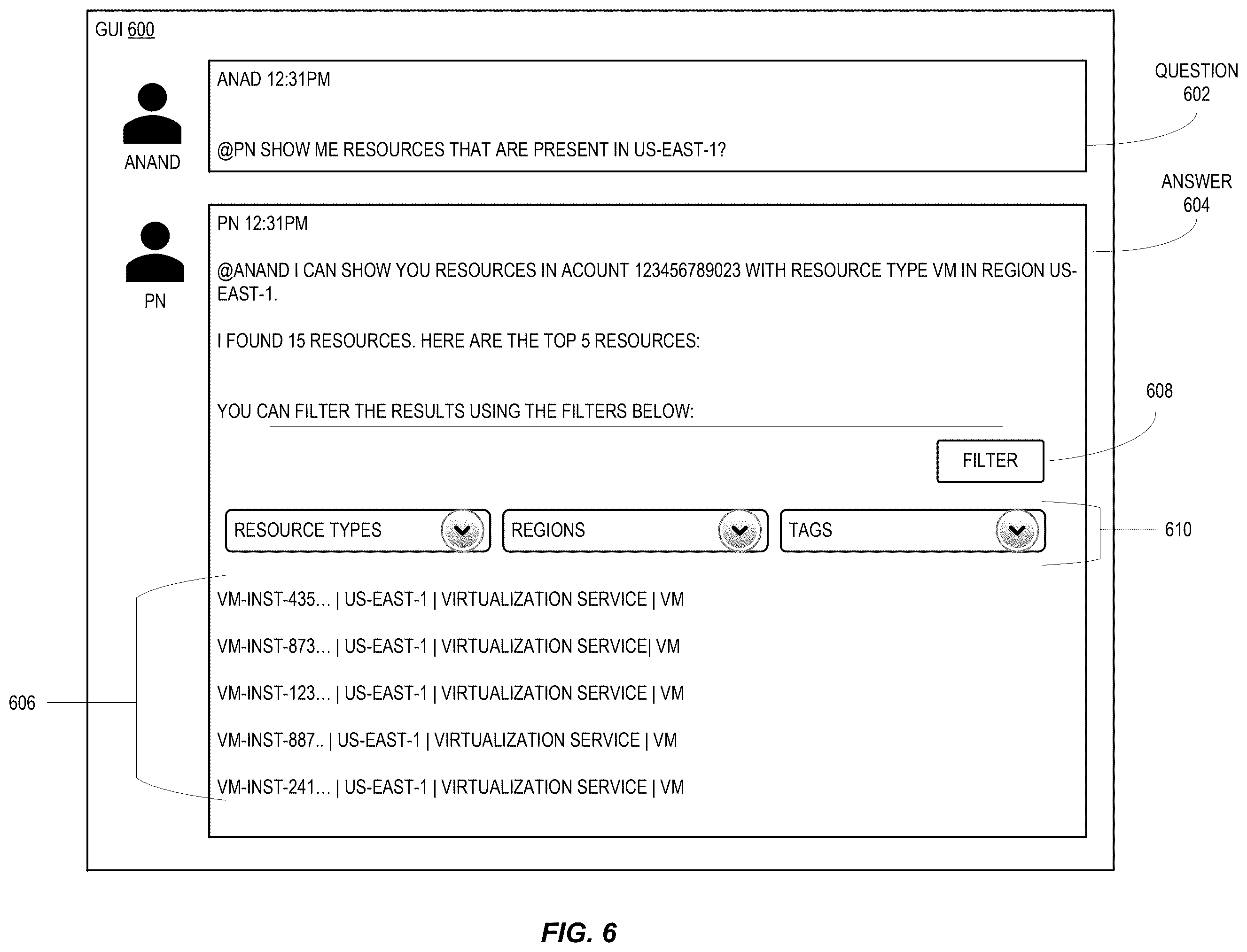 Patent US12455905 Figure 6 – Provider network user console with natural language querying feature