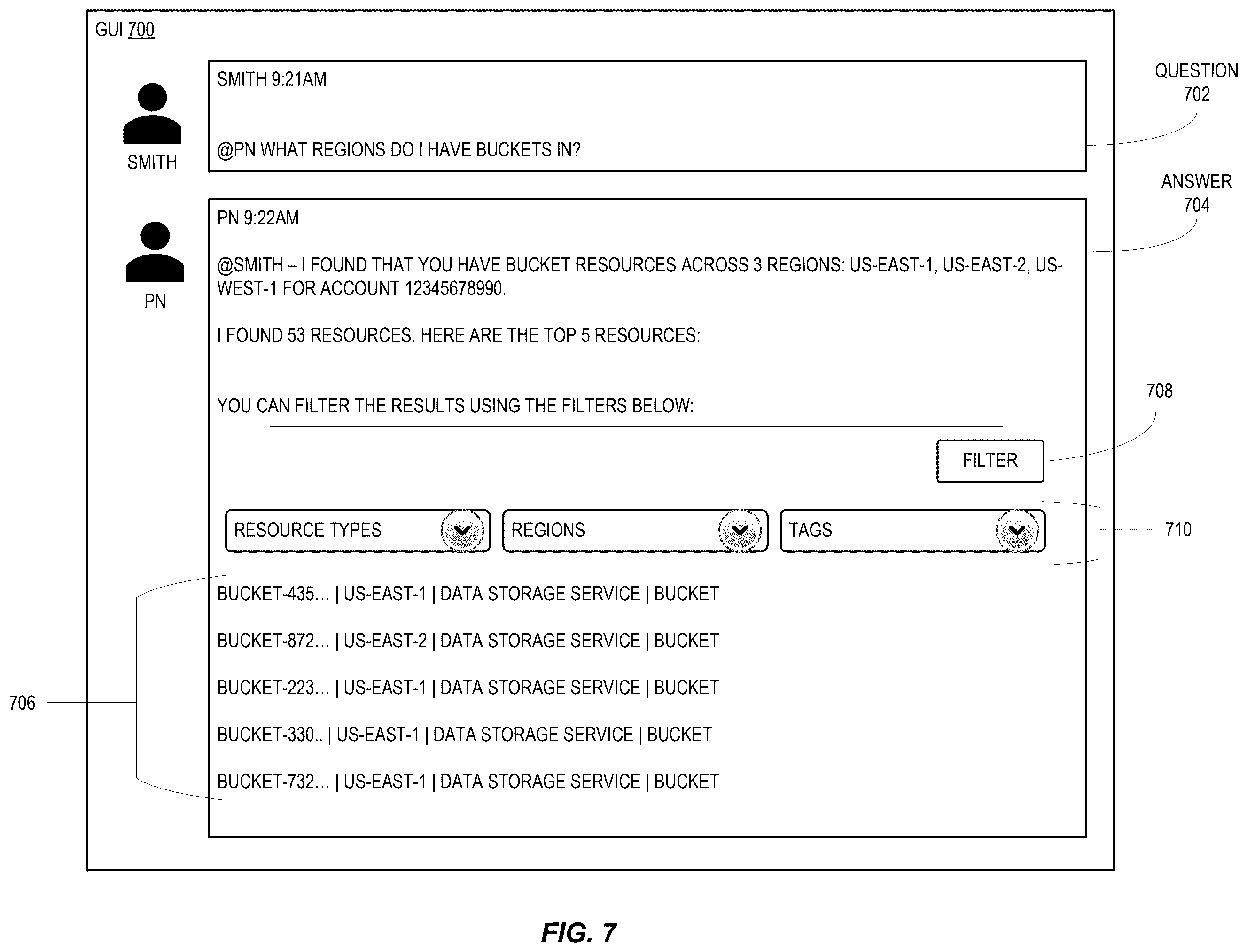 Patent US12455905 Figure 7 – Provider network user console with natural language querying feature
