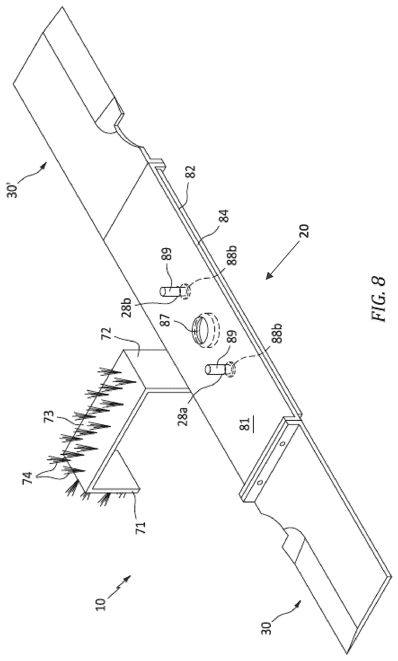 Patent US12457928 Figure 8 – Mower blade with removable cutting attachments