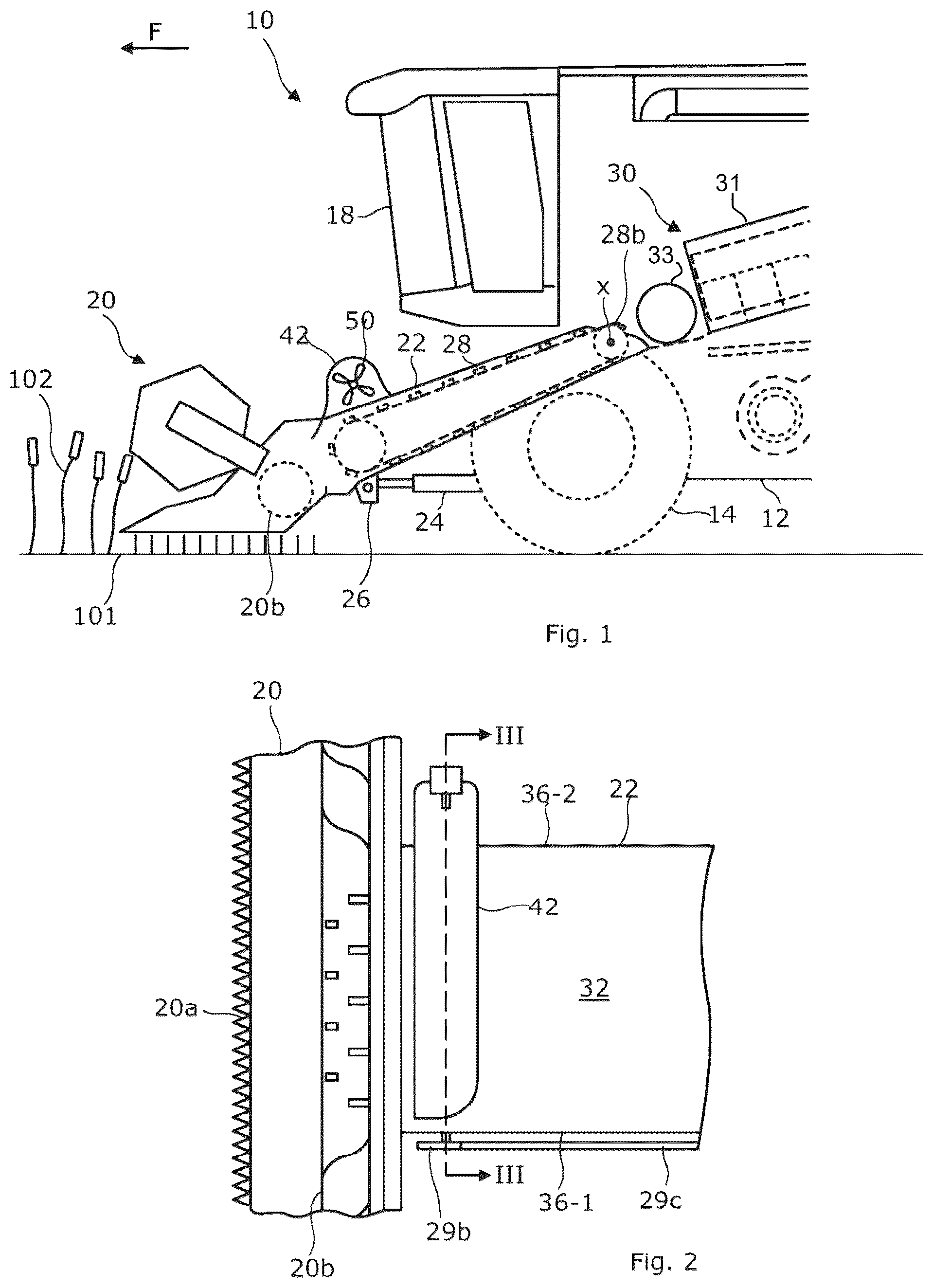 Patent US12457931 — Combine harvester with system and method for removing accumulated material from a feederhouse — Figure 1