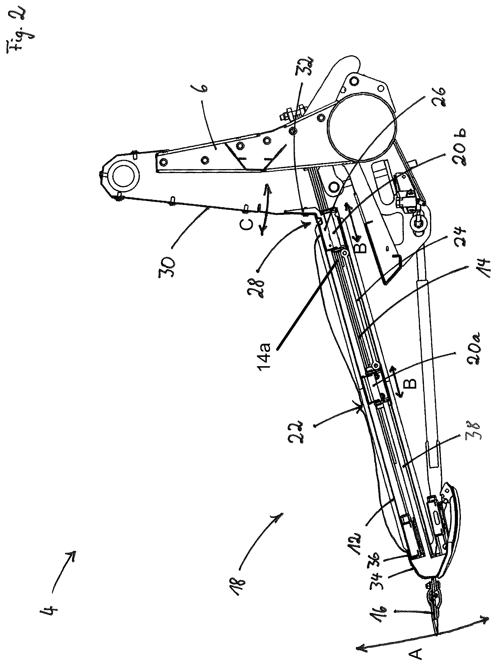 Patent US12457935 Figure 2 – Cutting mechanism with longitudinally movable support element for supporting a conveyor surface