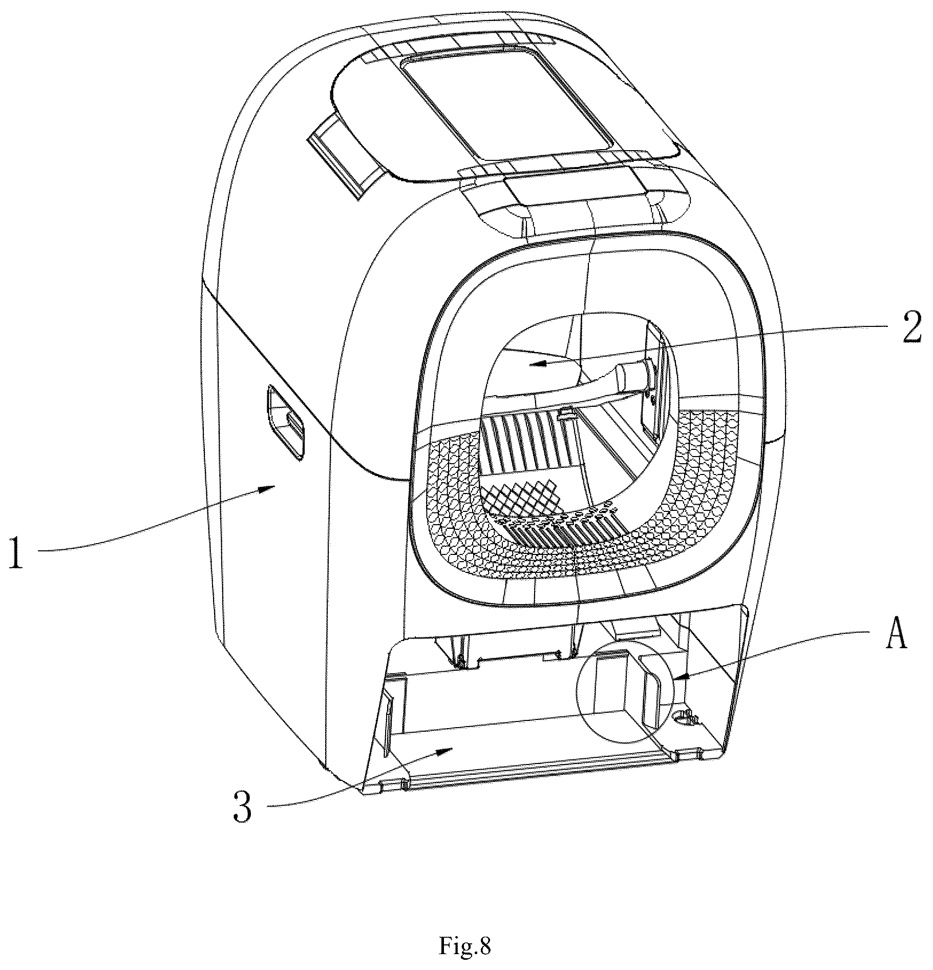Patent US12457990 Figure 8 – Device for cleaning pet feces automatically and intelligently