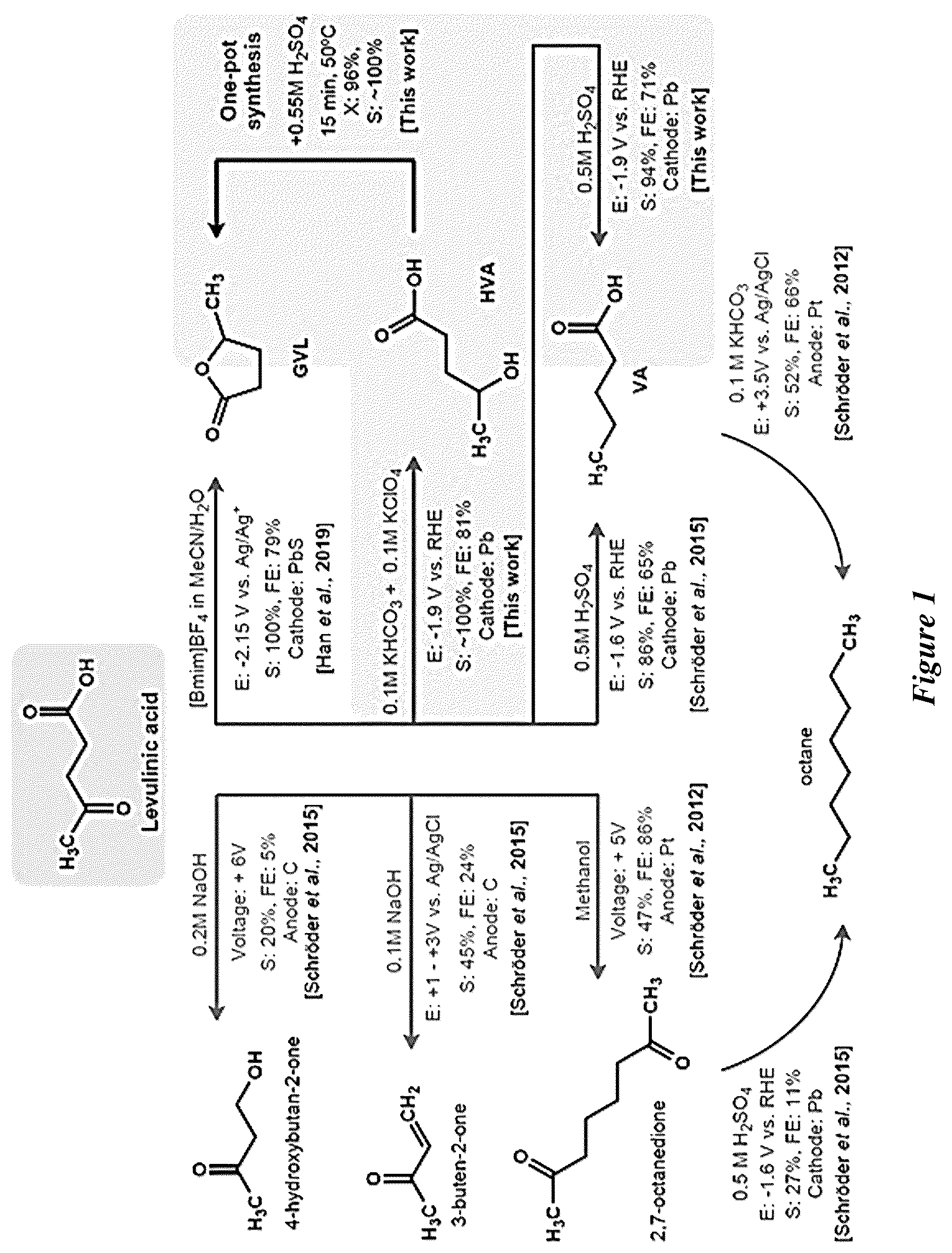 Patent US12460305 Figure 1 – Electrochemical synthesis of hydroxyvaleric acid from levulinic acid