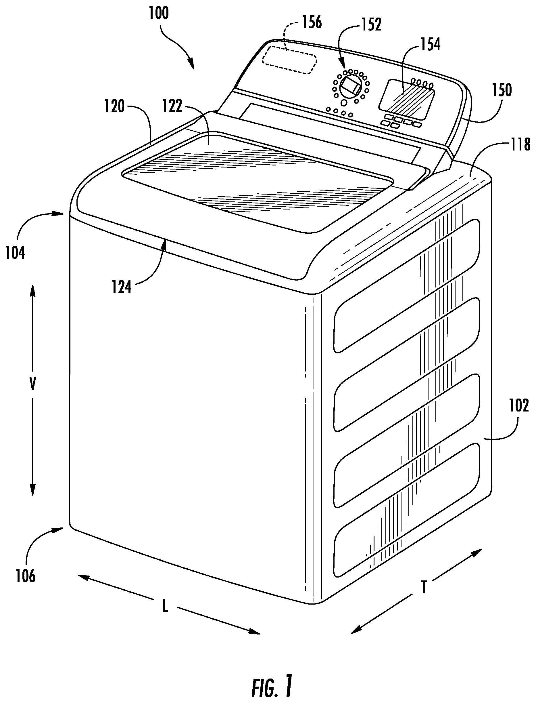 Patent US12460340 Figure 1 – Laundry machine including agitator and lid for softener fluid