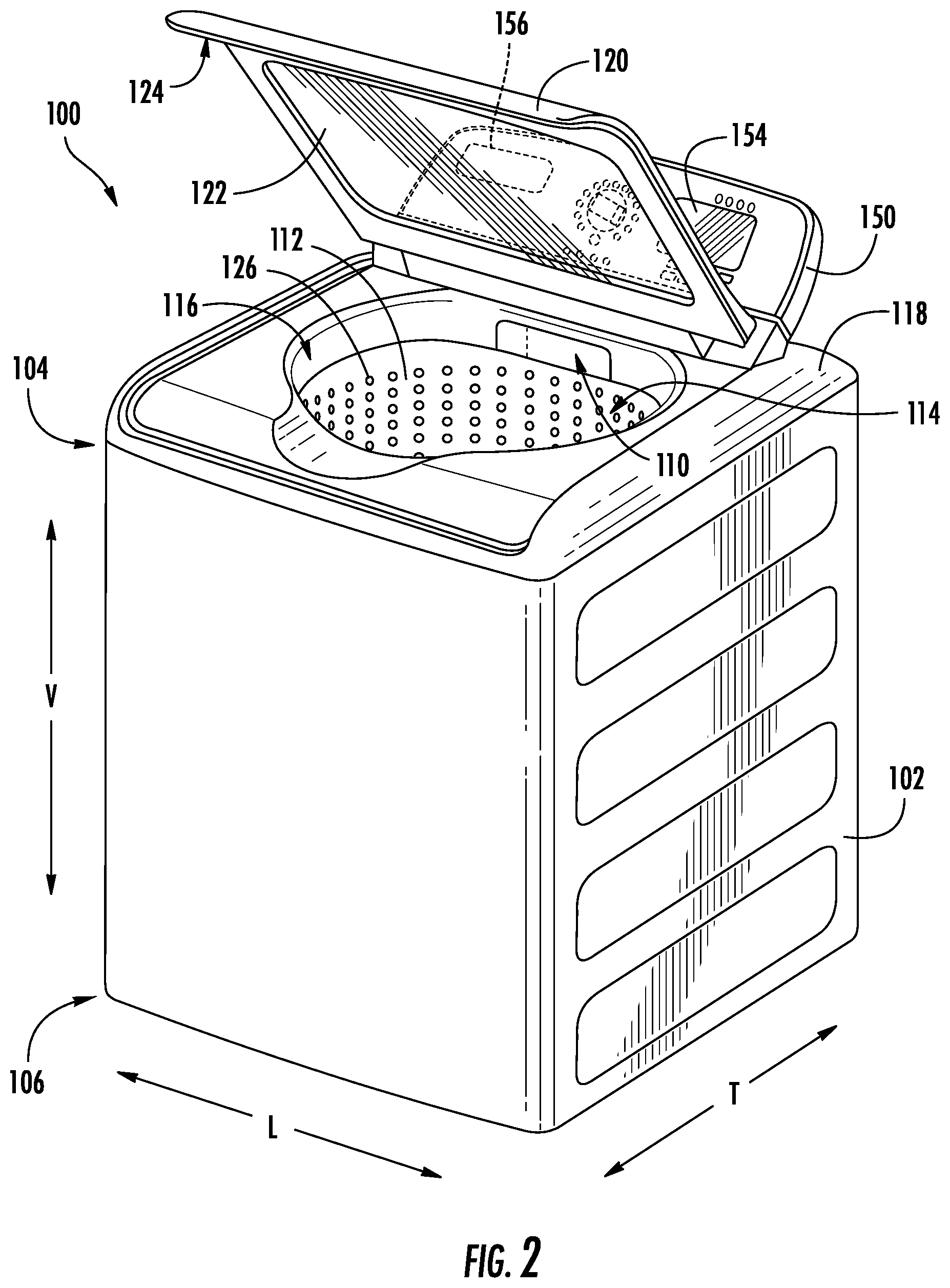 Patent US12460340 Figure 2 – Laundry machine including agitator and lid for softener fluid