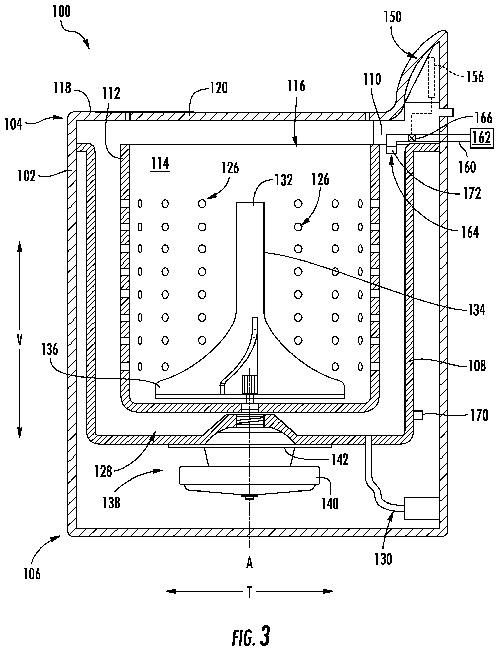 Patent US12460340 Figure 3 – Laundry machine including agitator and lid for softener fluid
