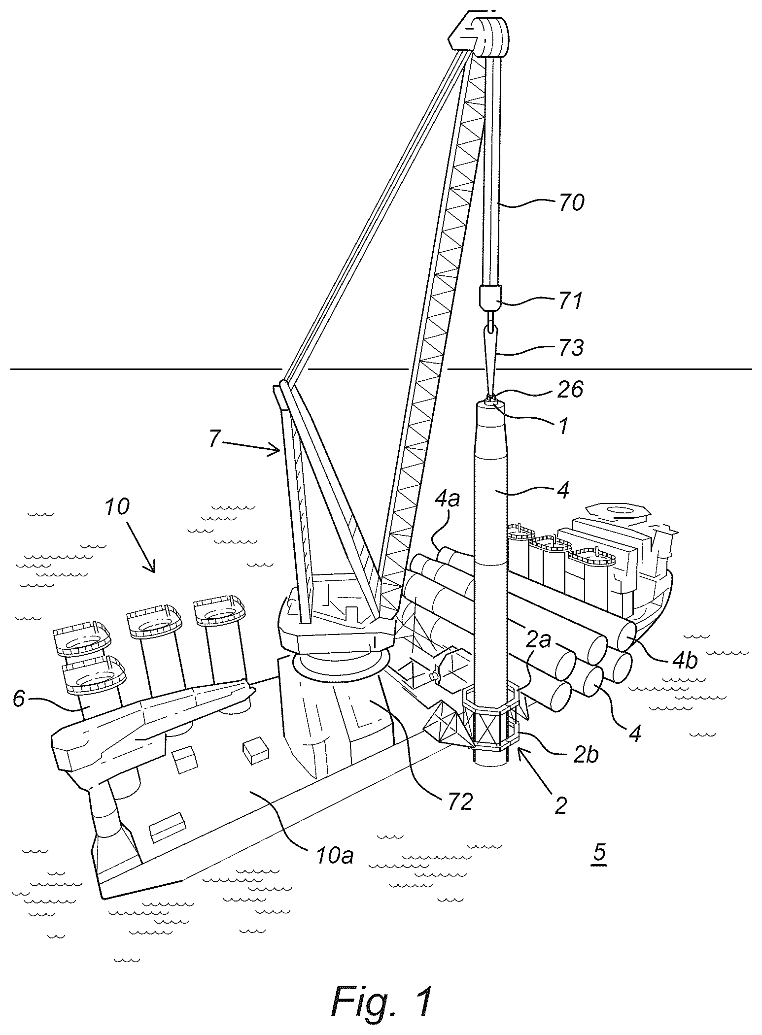 Patent US12460367 Figure 1 – Method for anchoring a hollow tubular element in a water bottom, and assembly of the tubular element and a closing body