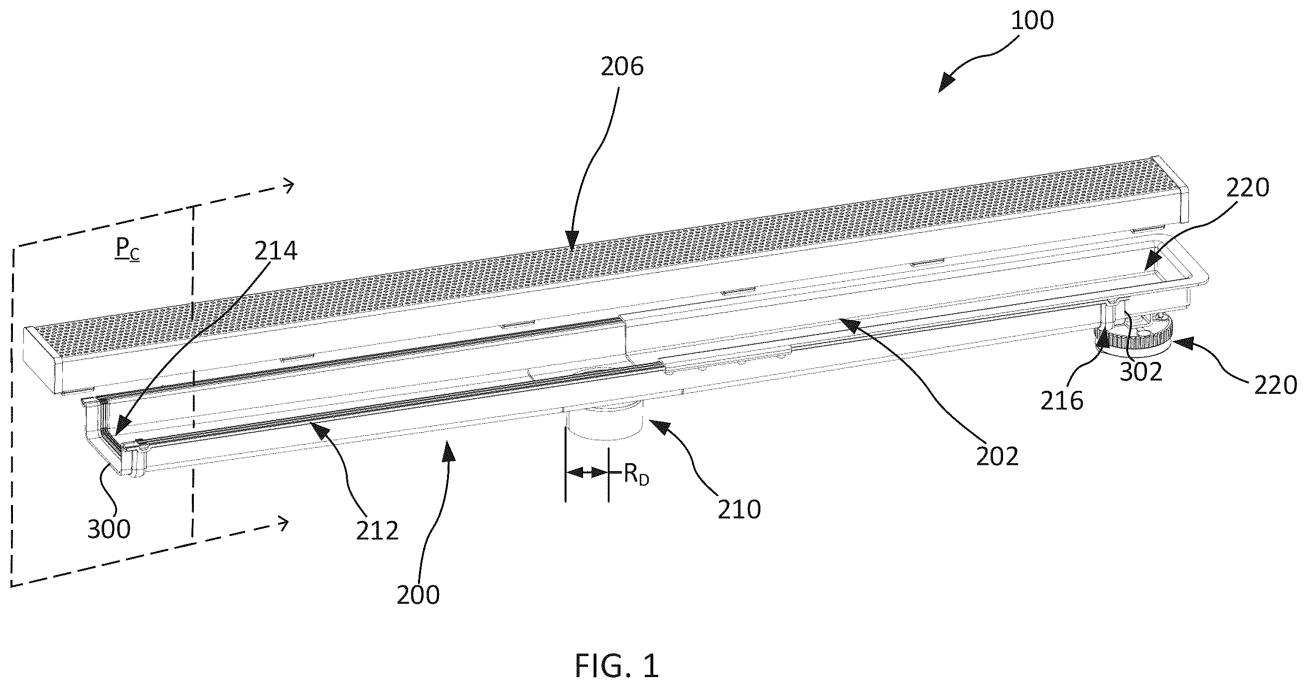 Patent US12460401 Figure 1 – Linear drain assembly
