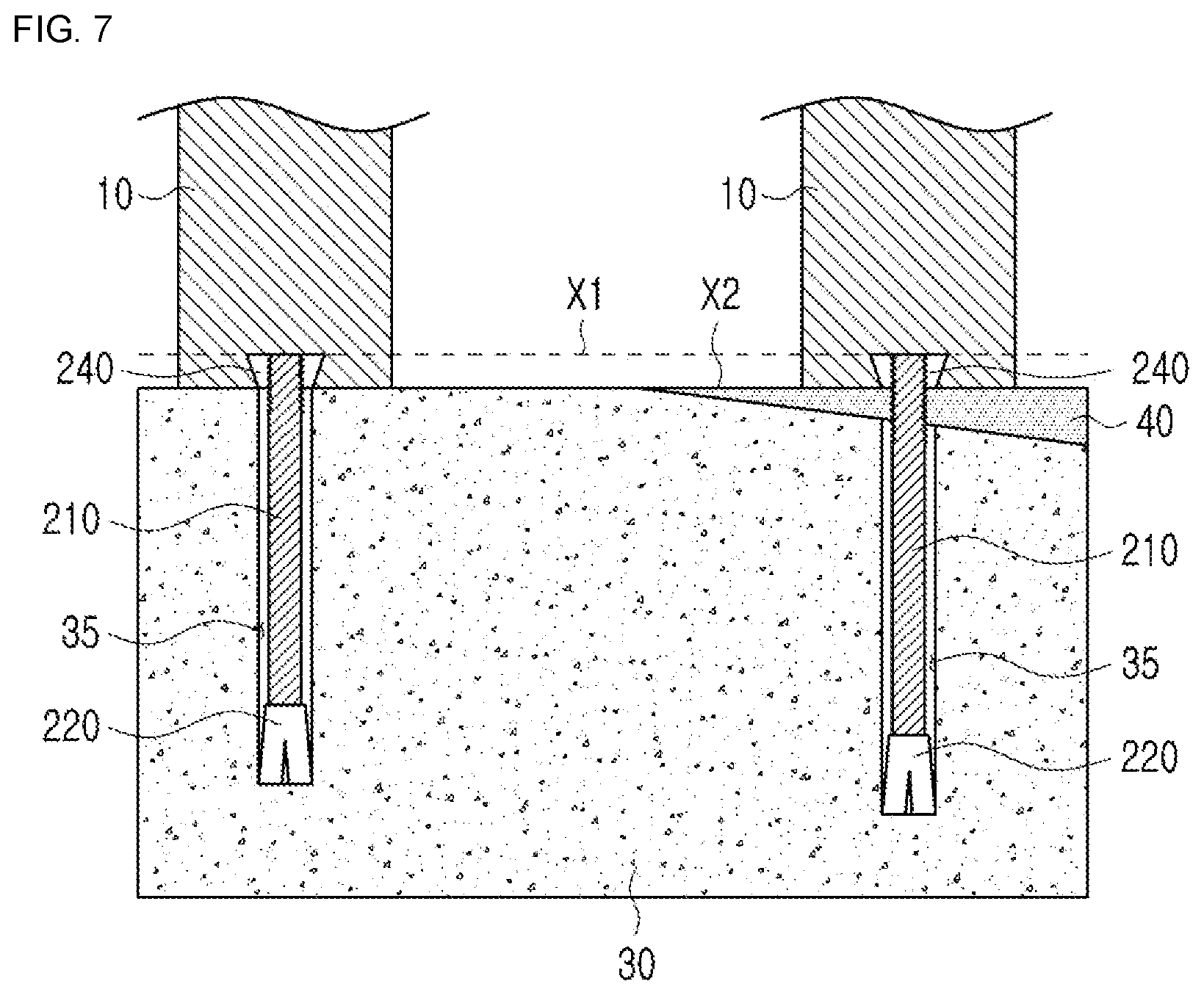 Patent US12460405 Figure 7 – Method for horizontal leveling coupling between concrete foundation and wooden vertical beams