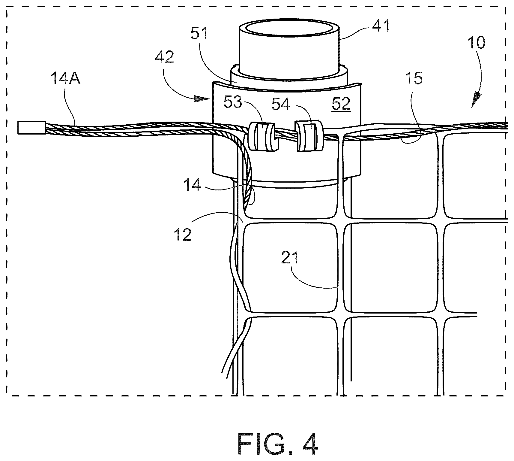 Patent US12460440 Figure 3 – Hybrid fence assembly with integrated polymer mesh structure and conducting fence wire