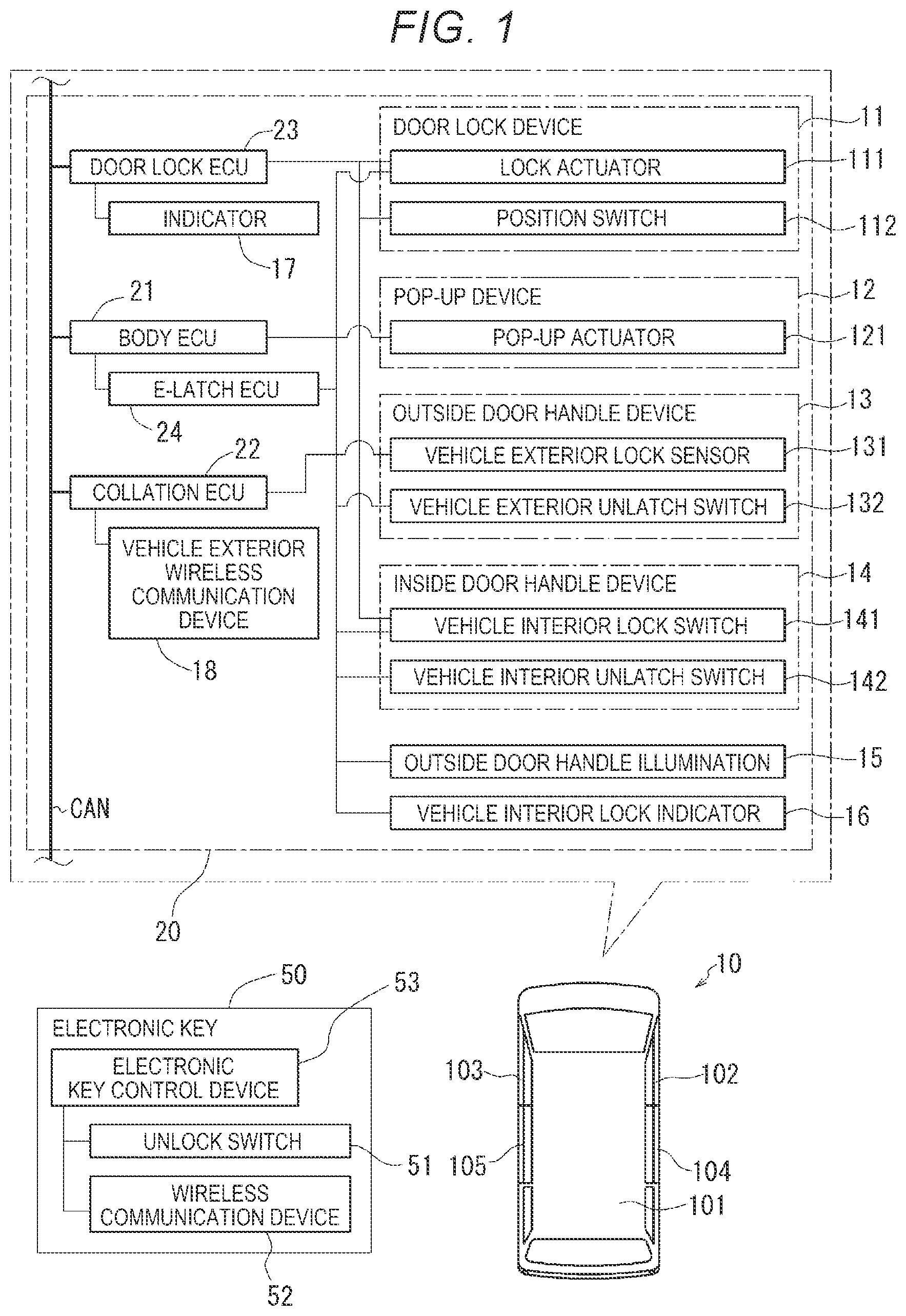 Patent US12460454 Figure 1 – Vehicle door opening device