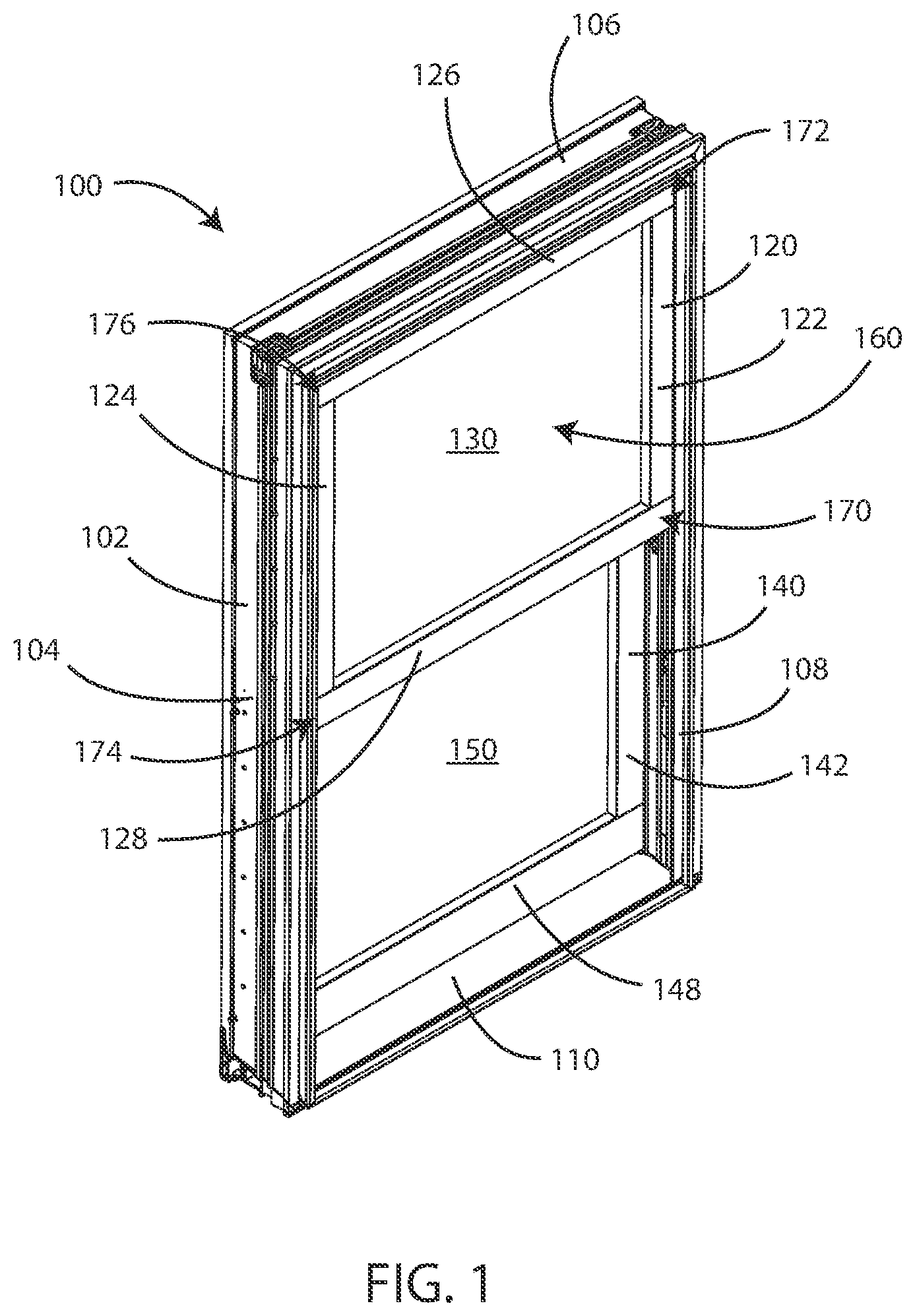 Patent US12460457 Figure 1 – Sash tilt bolt and checkrail bracket systems for coastal impact resistant fenestrations