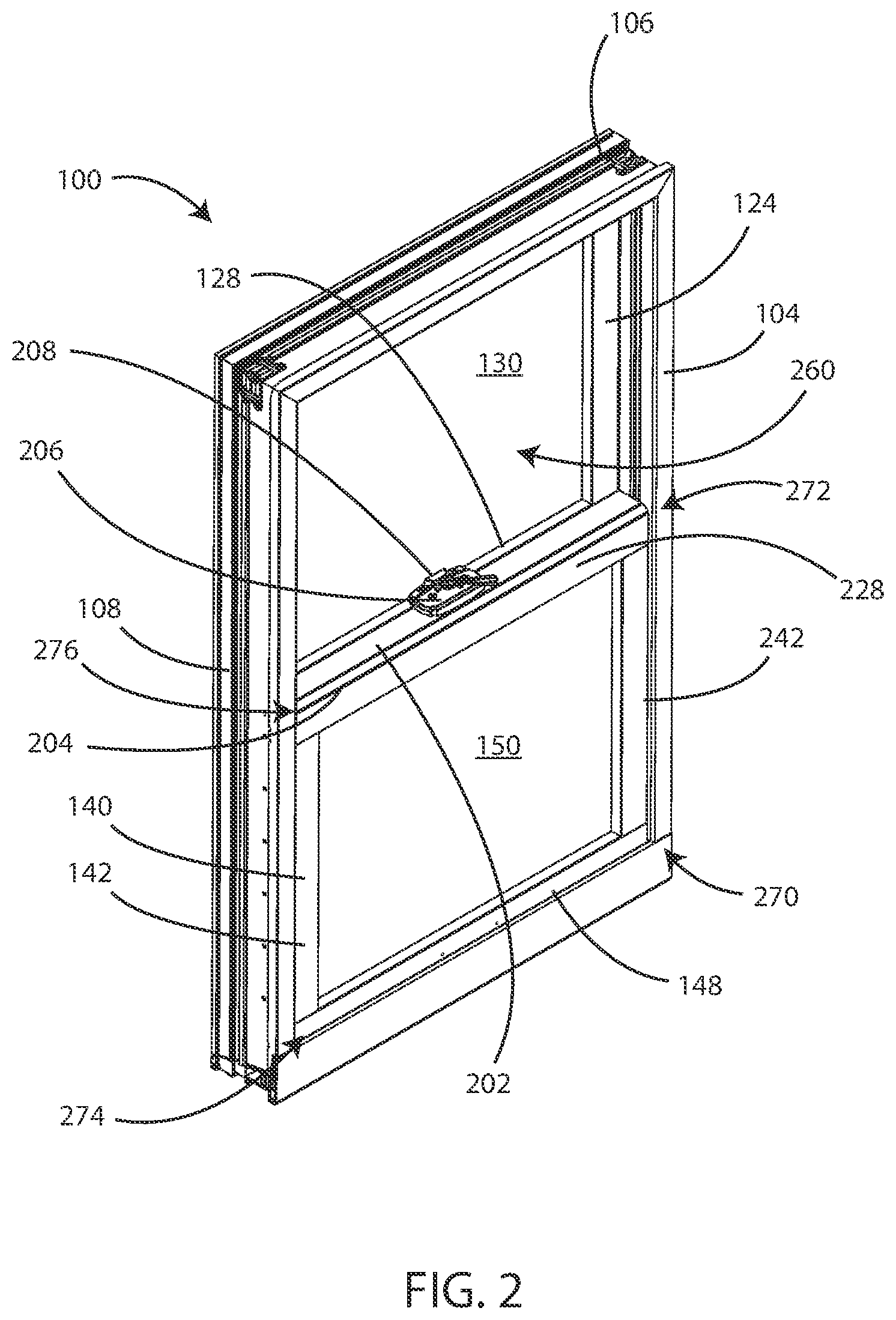 Patent US12460457 Figure 2 – Sash tilt bolt and checkrail bracket systems for coastal impact resistant fenestrations