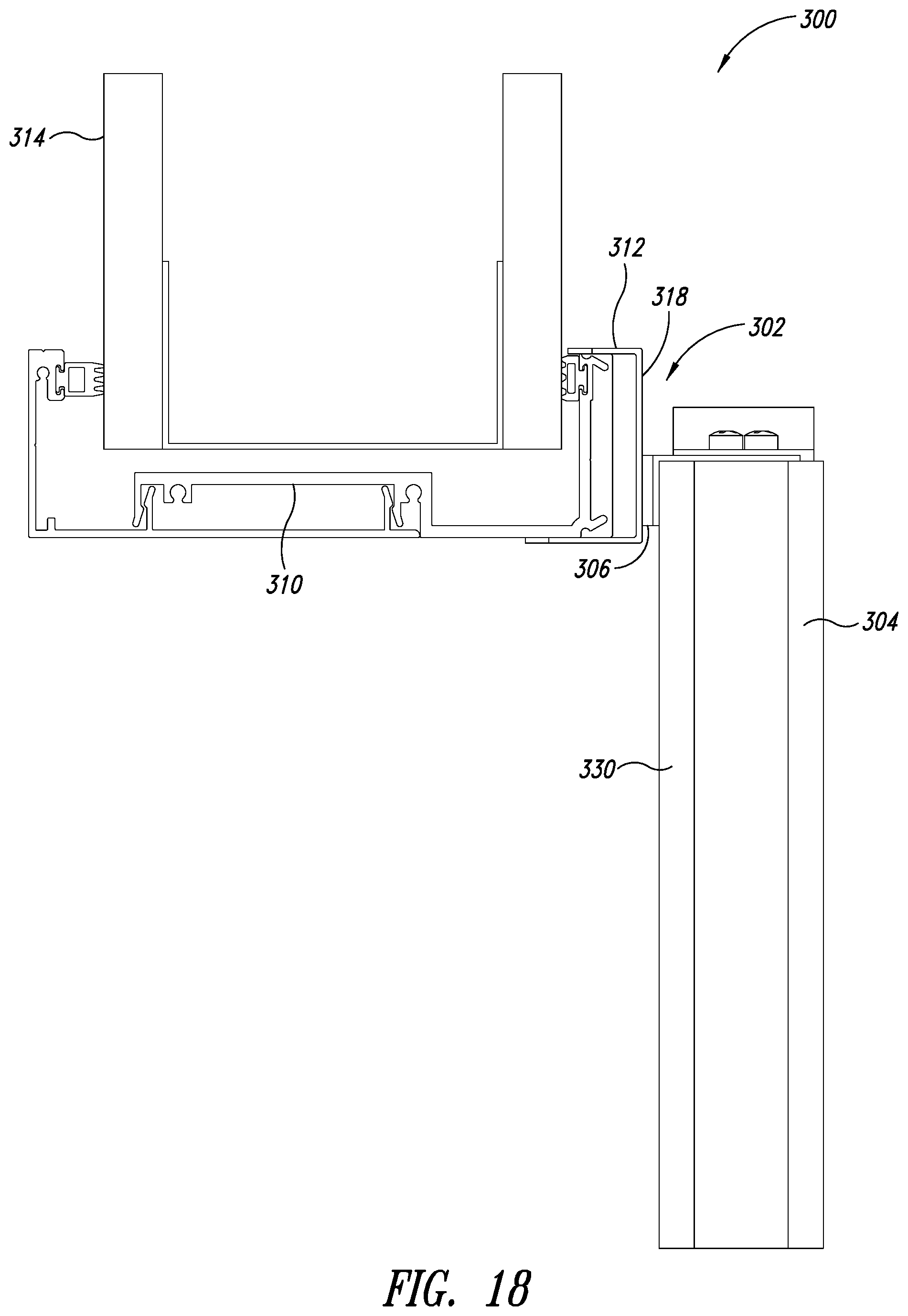 Patent US12460472 Figure 18 – Top-hanging sliding door including wedge design top seal