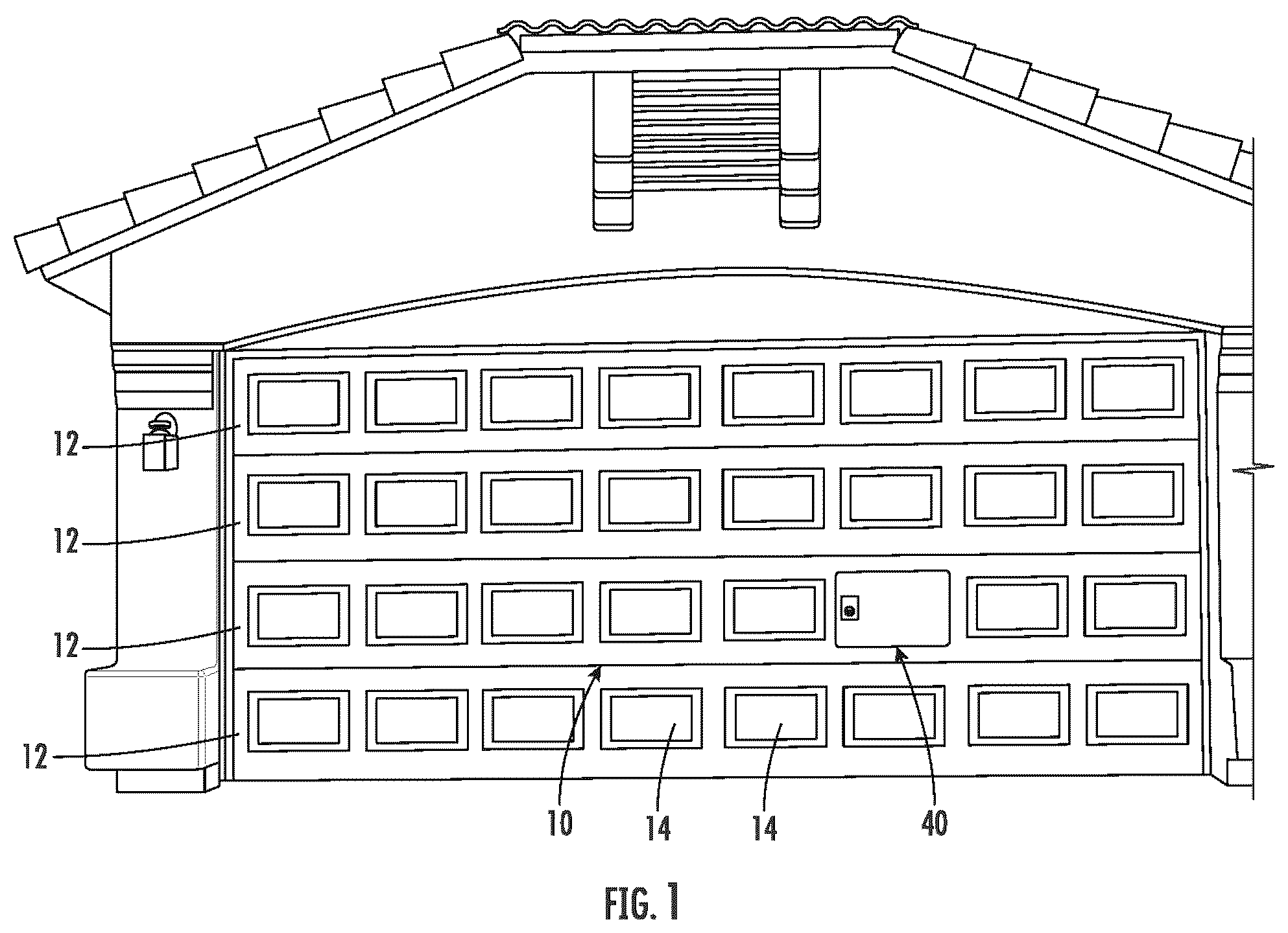 Patent US12460473 Figure 1 – Garage door with secure door assembly for packages