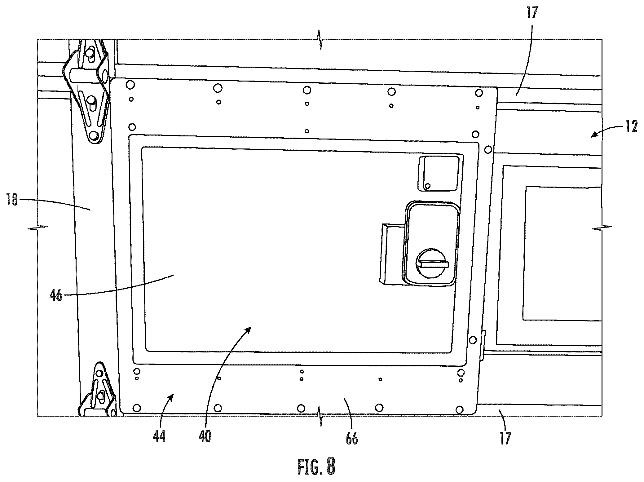 Patent US12460473 Figure 6 – Garage door with secure door assembly for packages